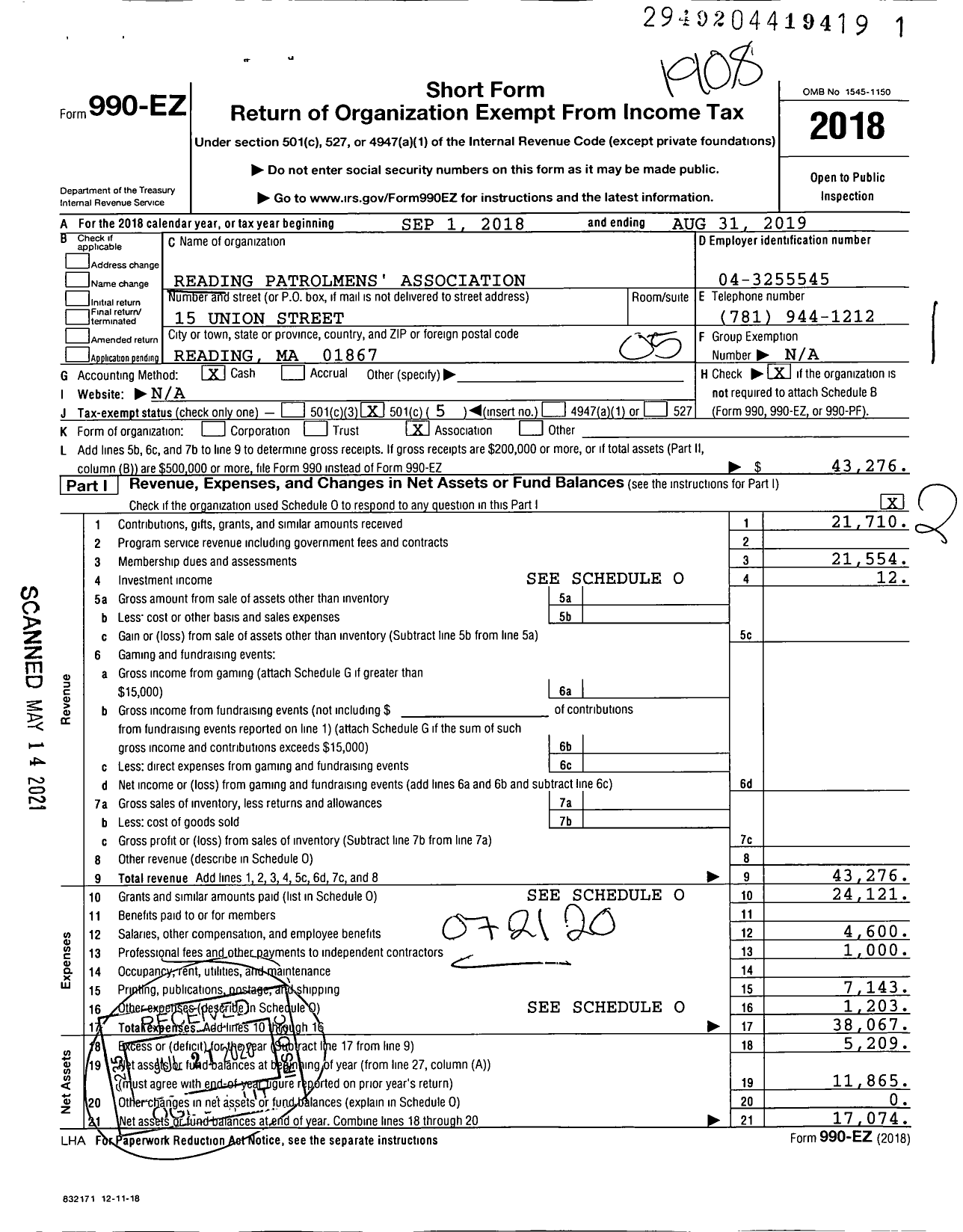 Image of first page of 2018 Form 990EO for Reading Patrolmens Association