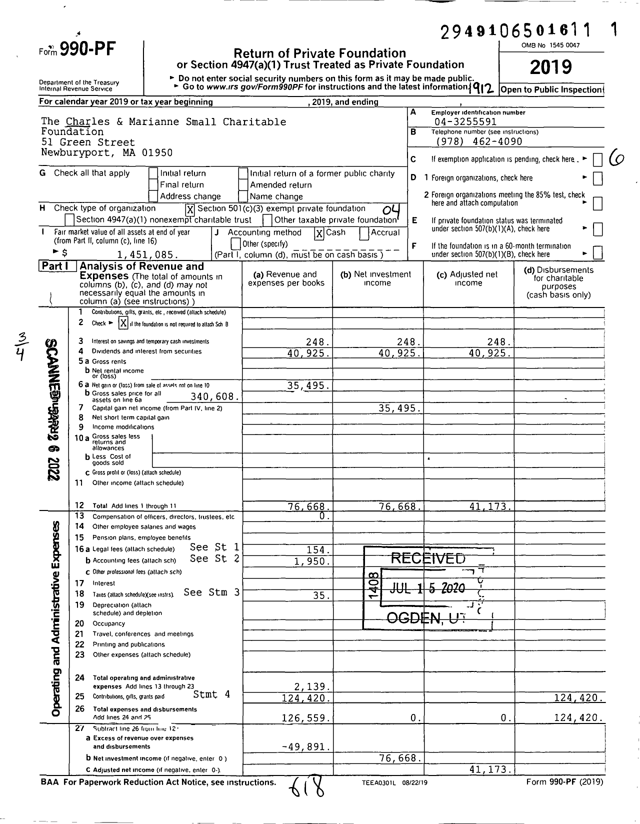 Image of first page of 2019 Form 990PF for The Charles & Marianne Small Charitable Foundation