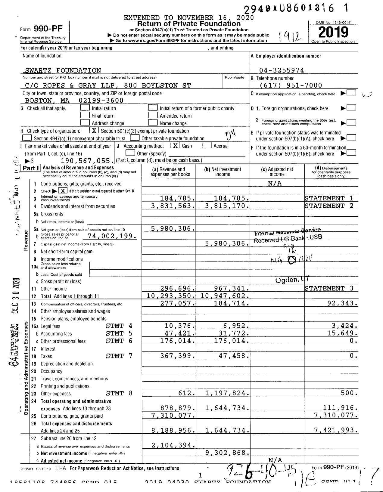 Image of first page of 2019 Form 990PF for Swartz Foundation / Shapiro Robert N Ttee