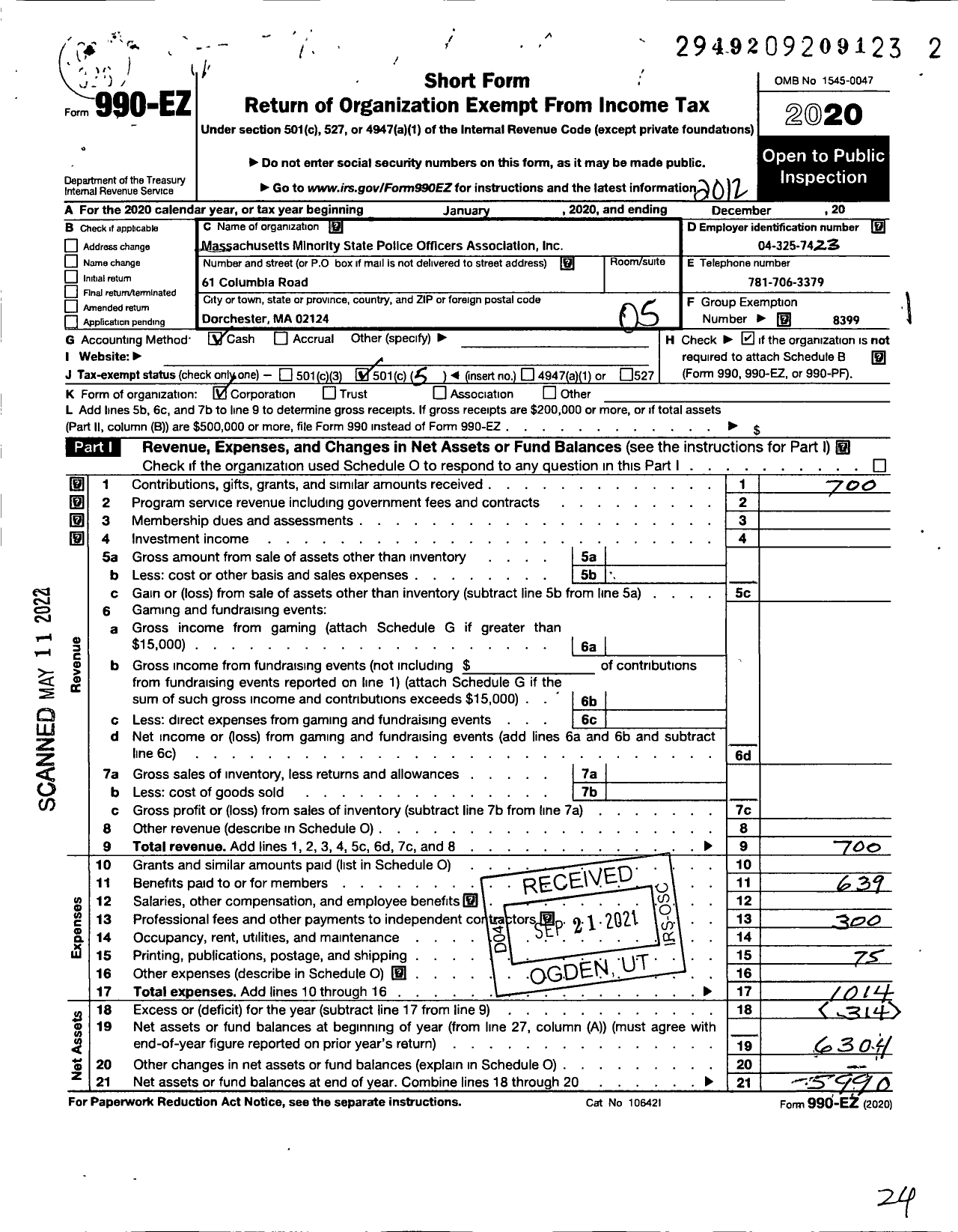 Image of first page of 2020 Form 990EO for Massachusetts Minority State Police Officers Association