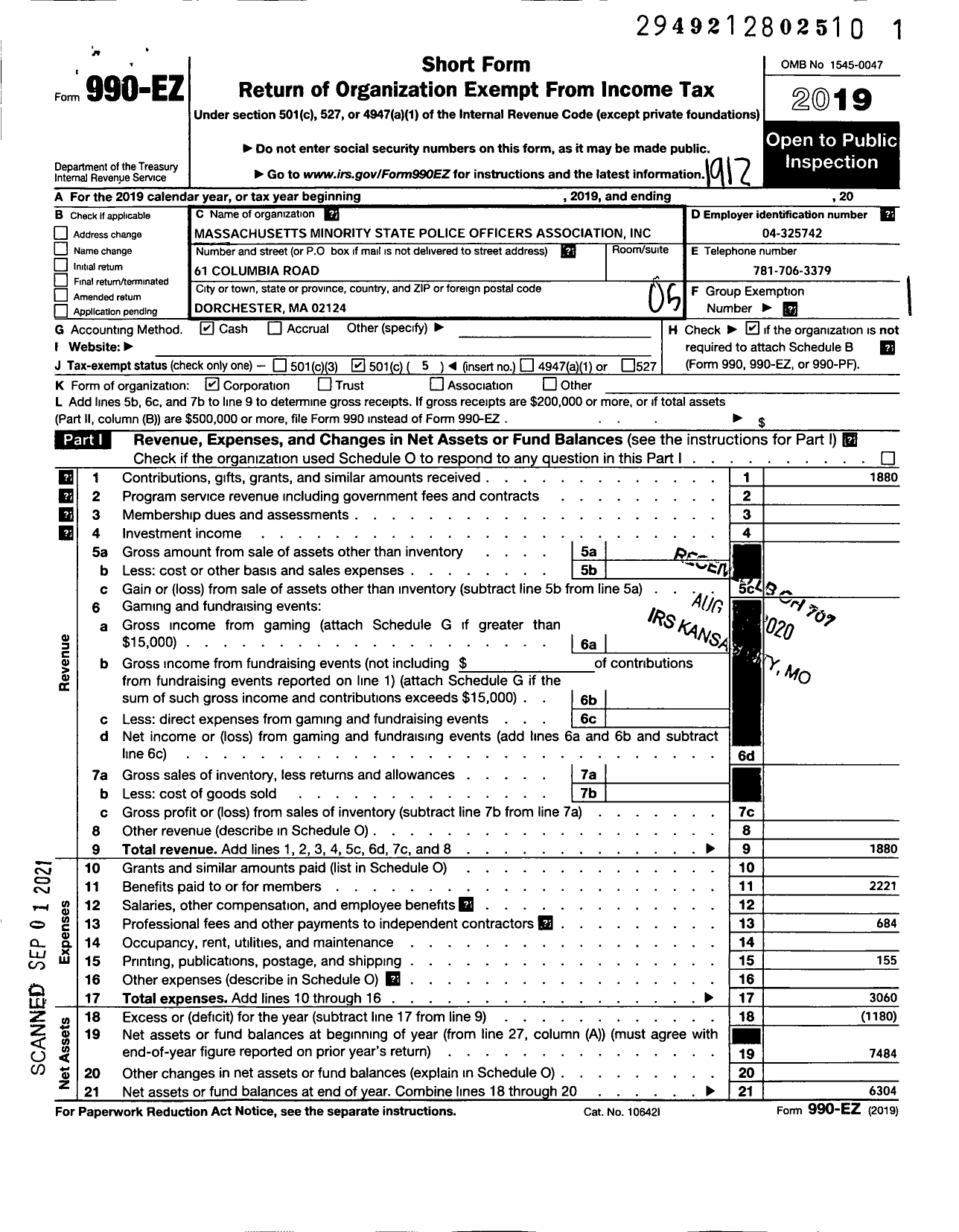 Image of first page of 2019 Form 990EO for Massachusetts Minority State Police Officers Association