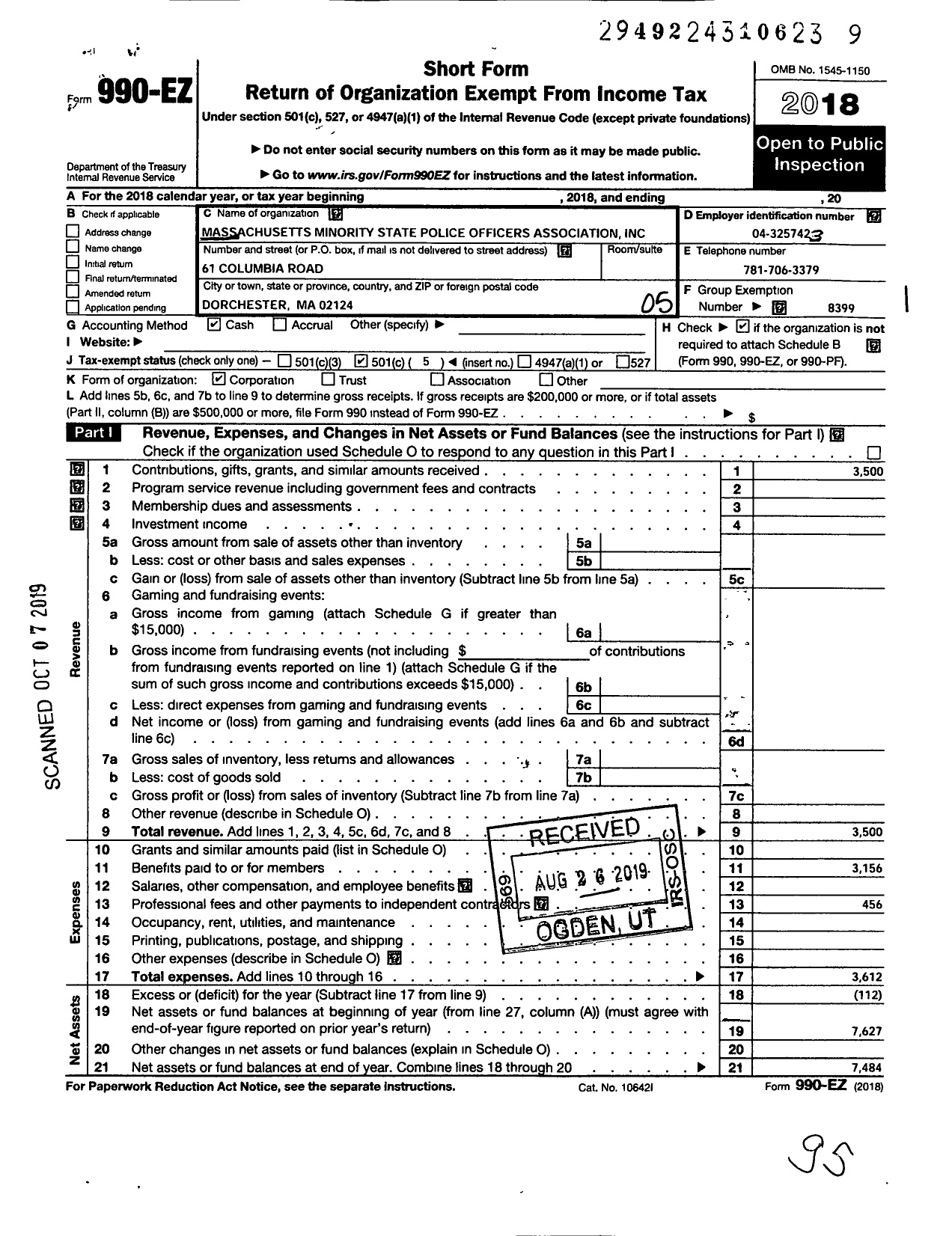 Image of first page of 2018 Form 990EO for Massachusetts Minority State Police Officers Association