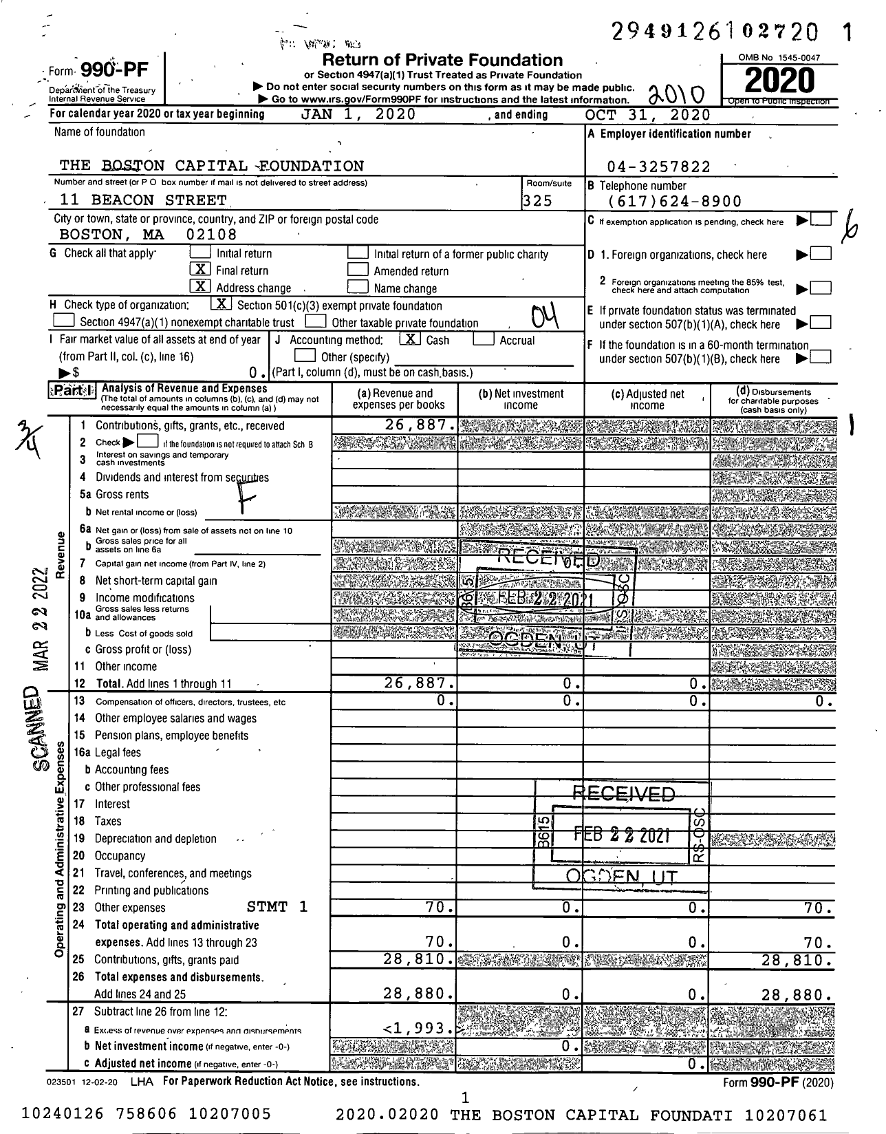 Image of first page of 2019 Form 990PF for The Boston Capital Foundation