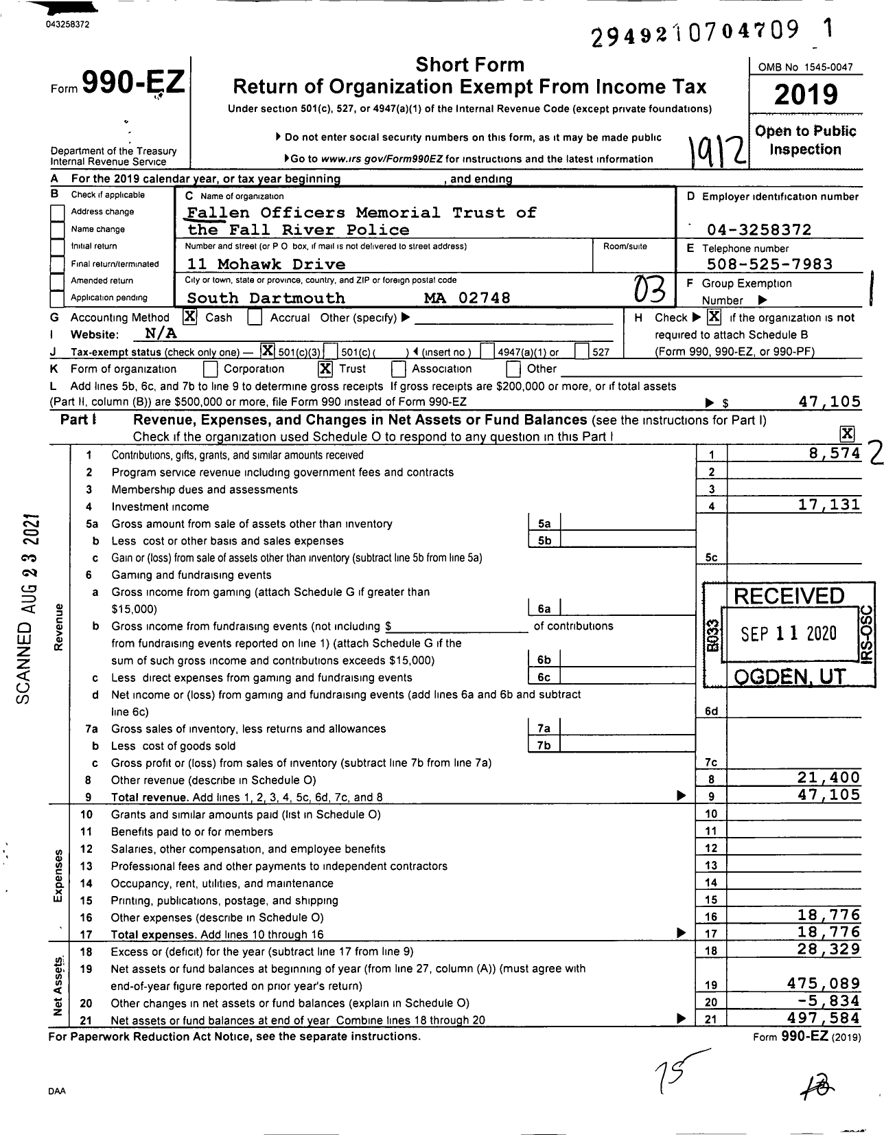 Image of first page of 2019 Form 990EZ for Fallen Officers Memorial Trust of the Fall River Police