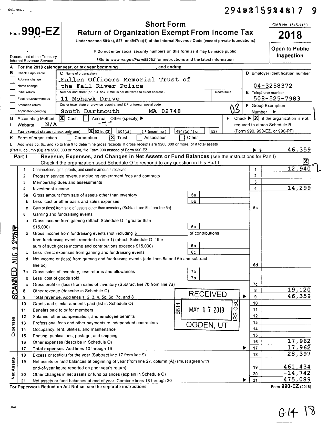 Image of first page of 2018 Form 990EZ for Fallen Officers Memorial Trust of the Fall River Police