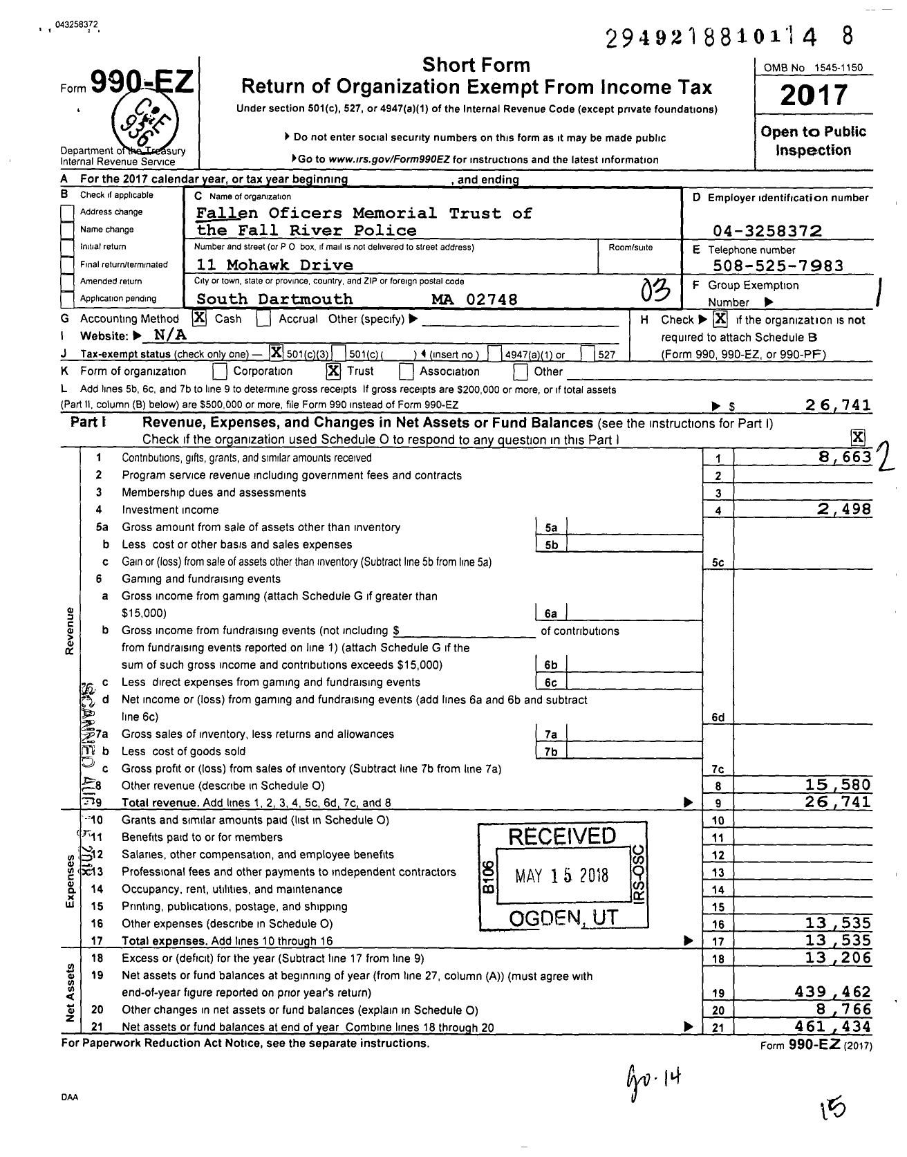 Image of first page of 2017 Form 990EZ for Fallen Officers Memorial Trust of the Fall River Police