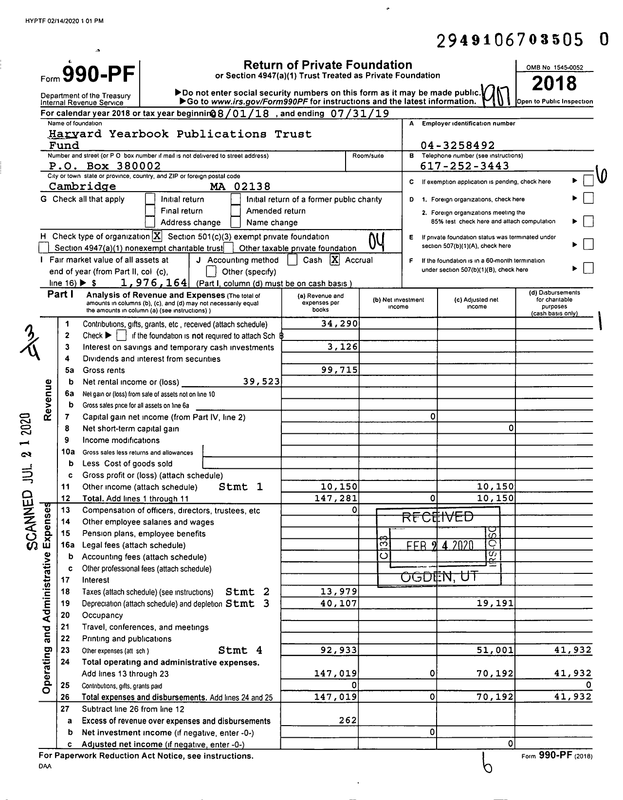 Image of first page of 2018 Form 990PR for Harvard Yearbook Publications Trust Fund