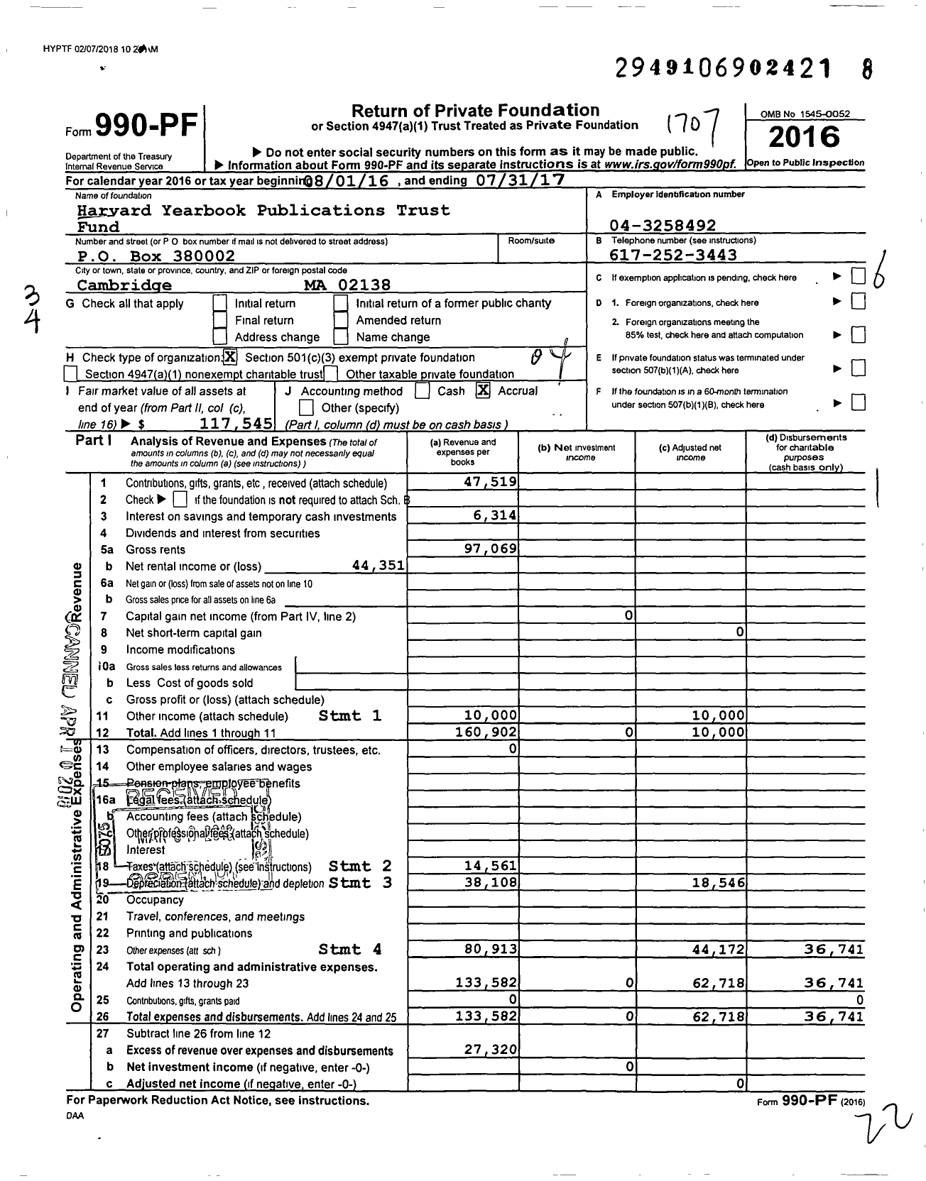 Image of first page of 2016 Form 990PF for Harvard Yearbook Publications Trust Fund