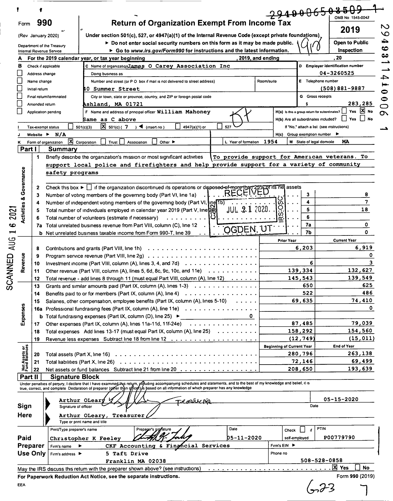 Image of first page of 2019 Form 990O for James O Carey Association