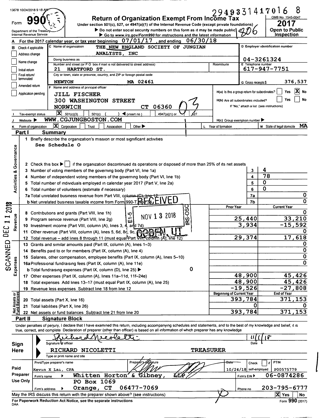 Image of first page of 2017 Form 990 for CG Jung Institute of New England