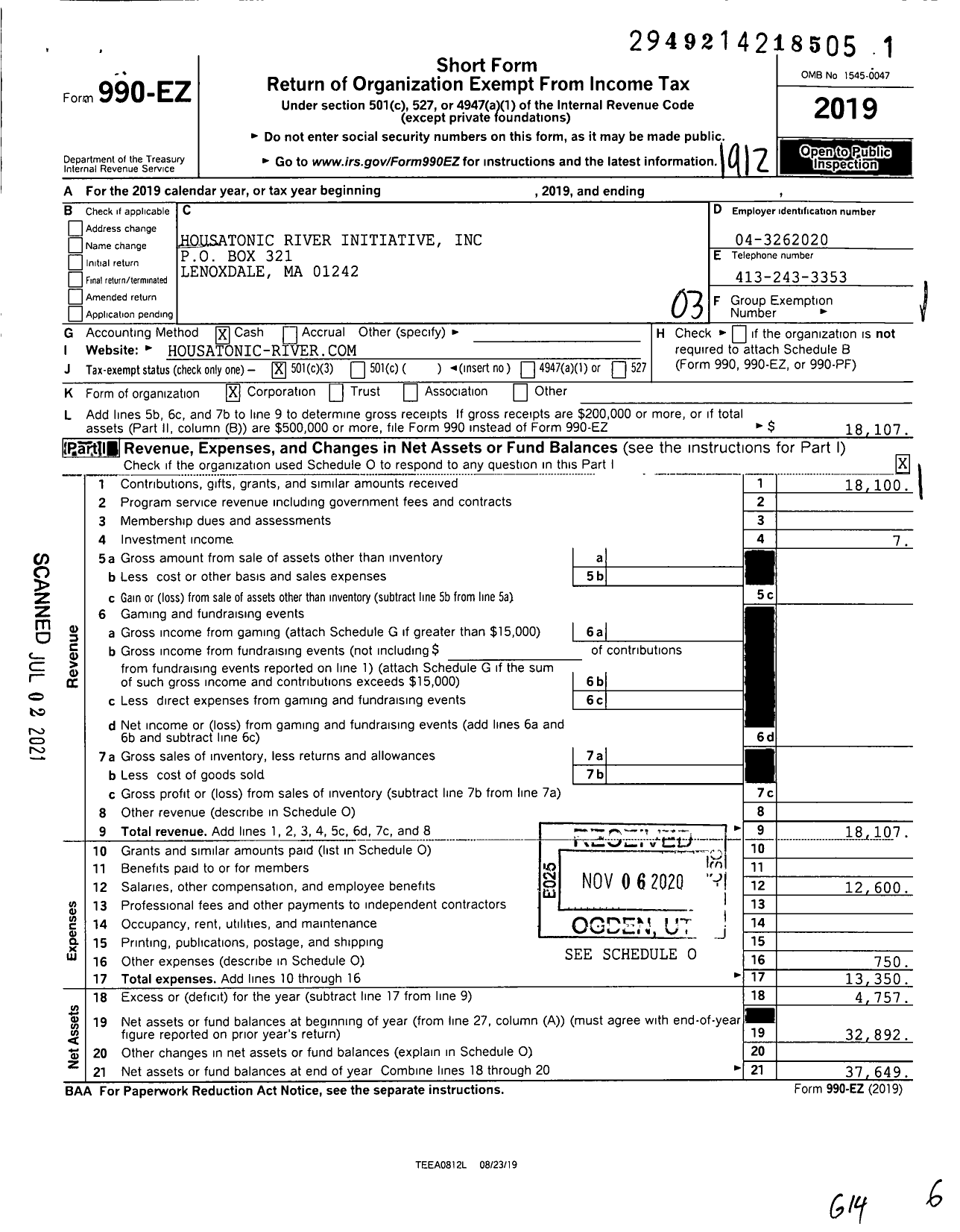 Image of first page of 2019 Form 990EZ for Housatonic River Initiative