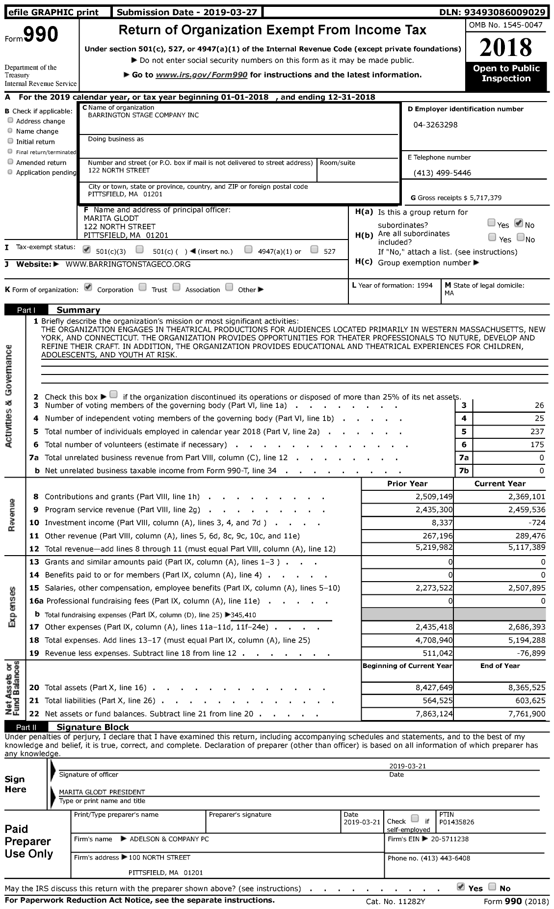 Image of first page of 2018 Form 990 for Barrington Stage Company