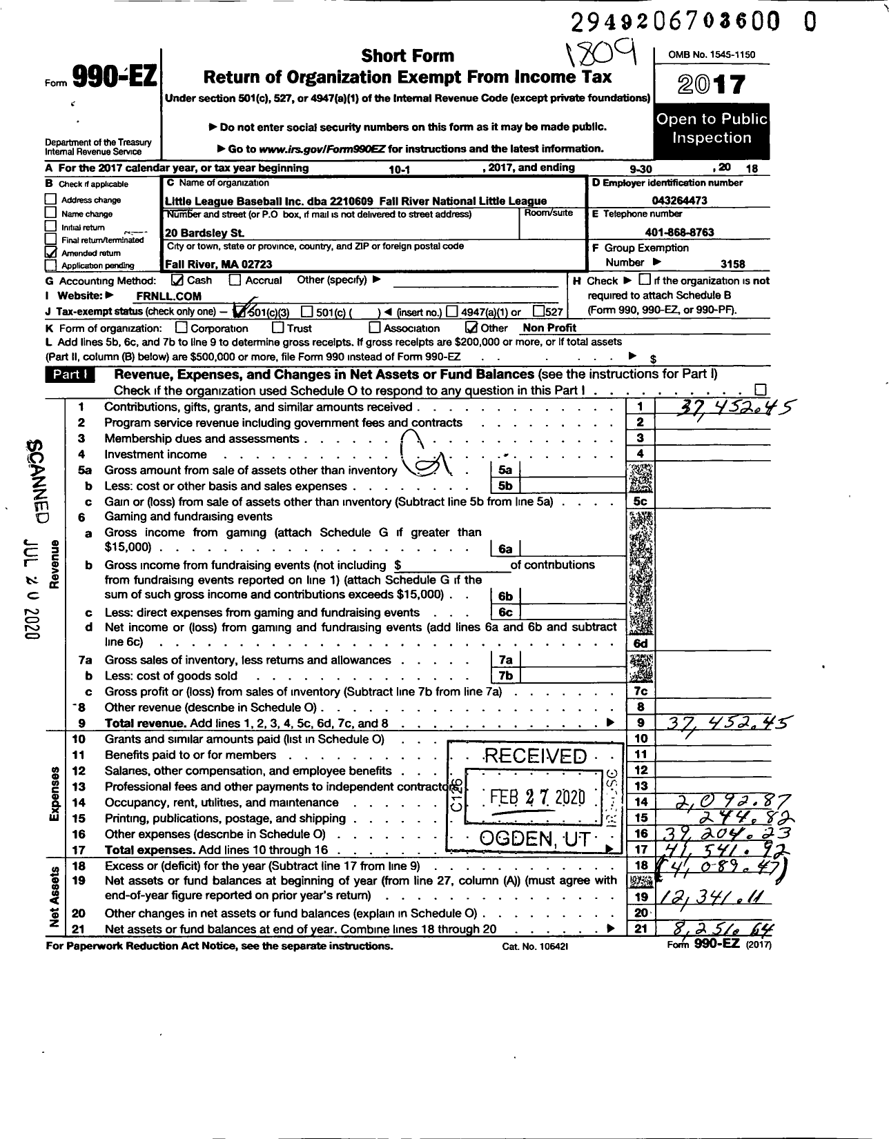 Image of first page of 2017 Form 990EZ for Little League Baseball - 2210609 Fall River National LL