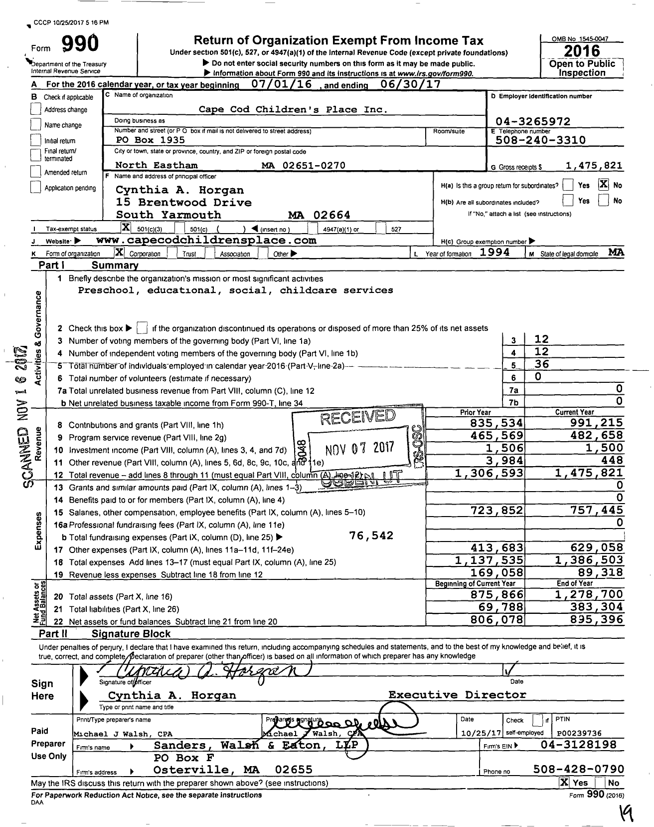 Image of first page of 2016 Form 990 for Cape Cod Children's Place