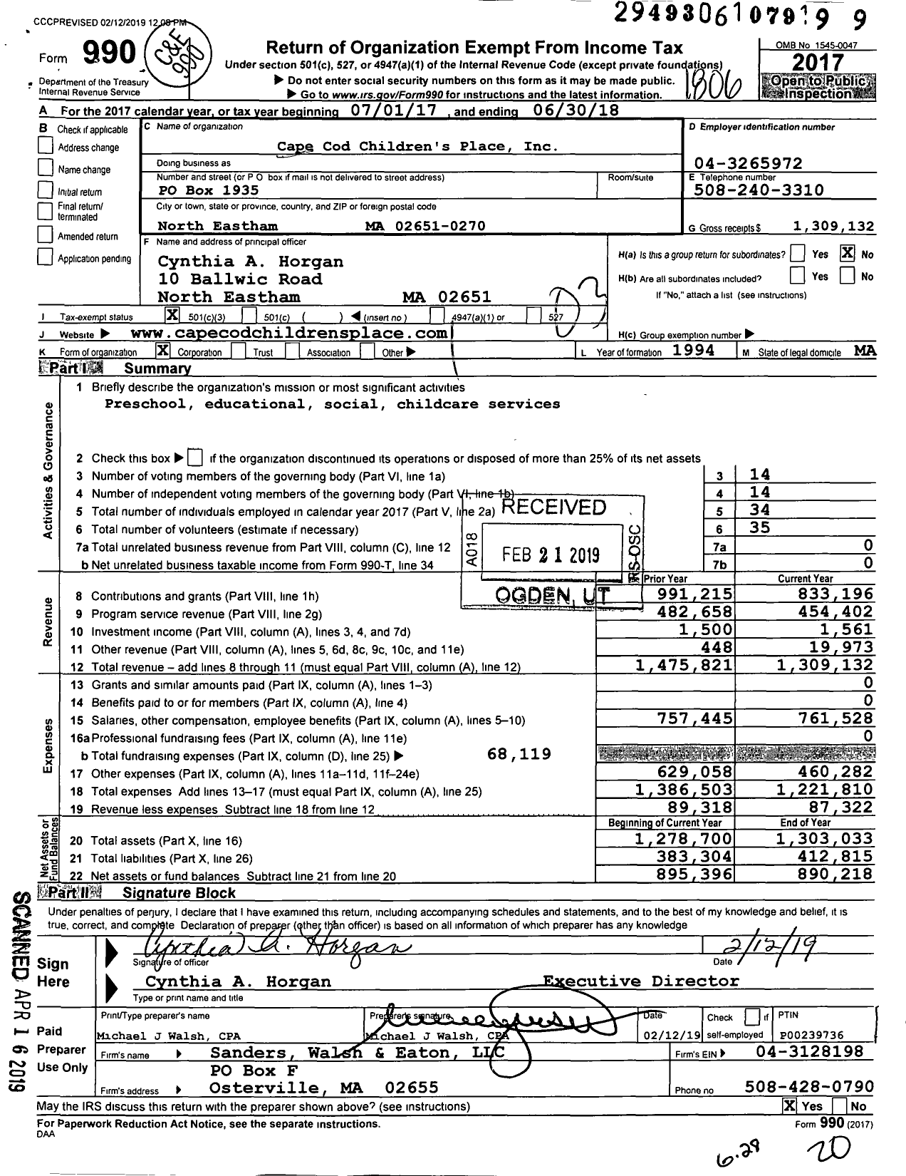 Image of first page of 2017 Form 990 for Cape Cod Children's Place