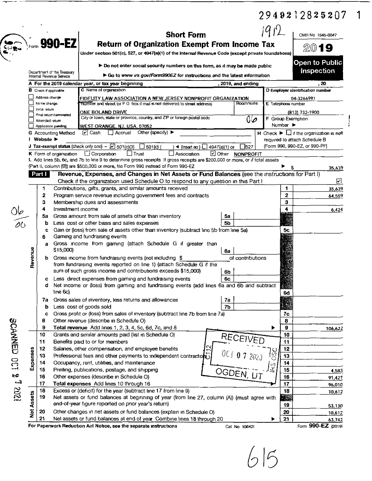 Image of first page of 2019 Form 990EO for Fidelity Law Association