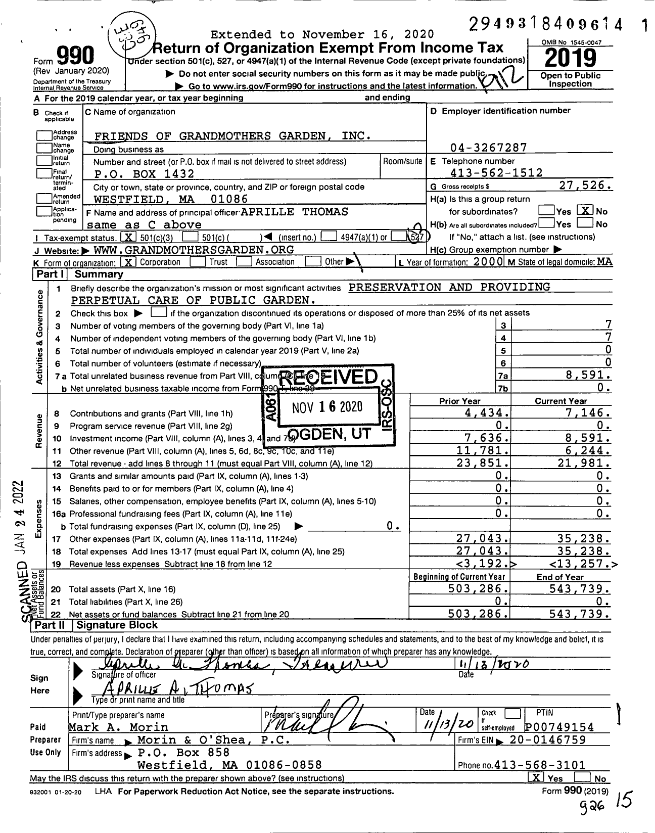 Image of first page of 2019 Form 990 for Friends of Grandmothers Garden