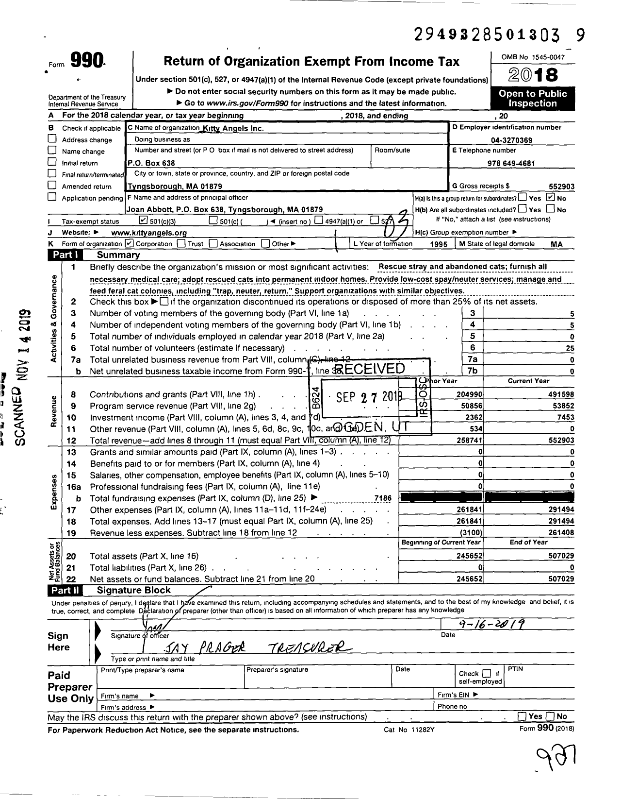 Image of first page of 2018 Form 990 for Kitty Angels