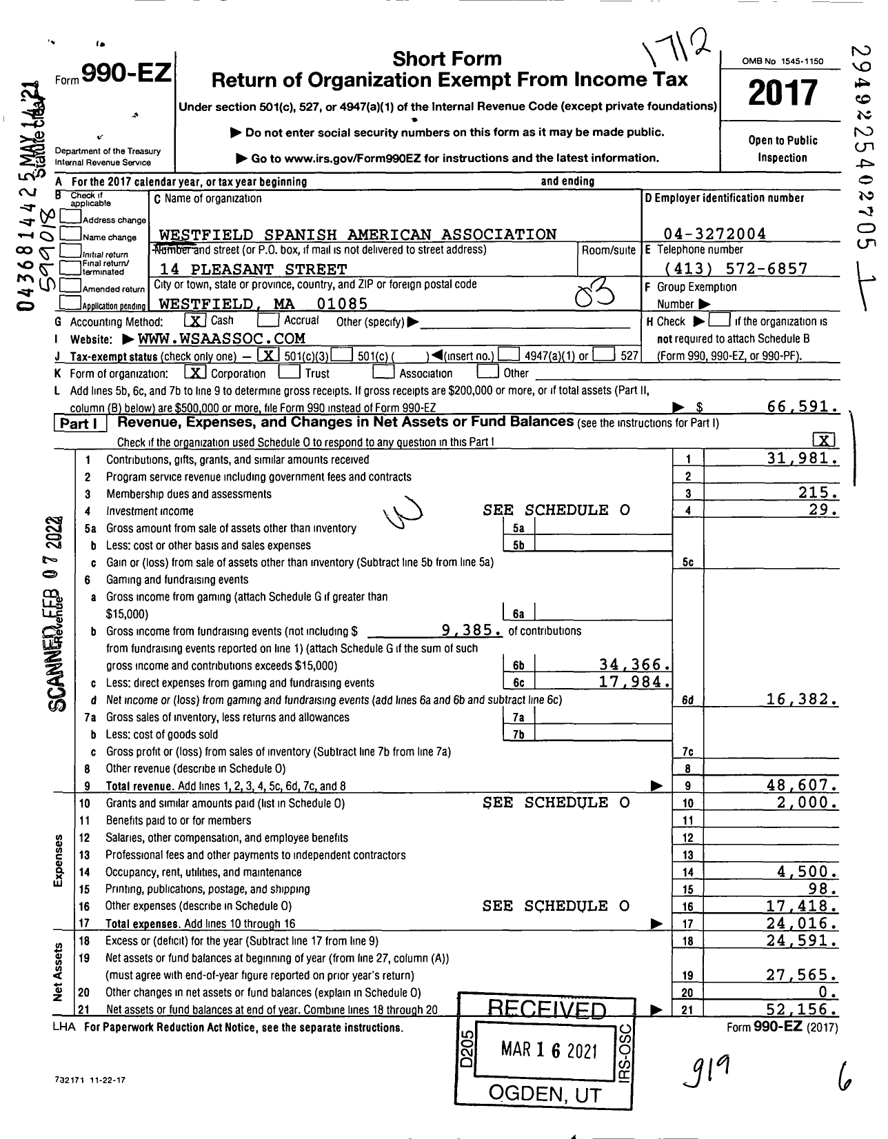 Image of first page of 2017 Form 990EZ for Westfield Spanish American Association