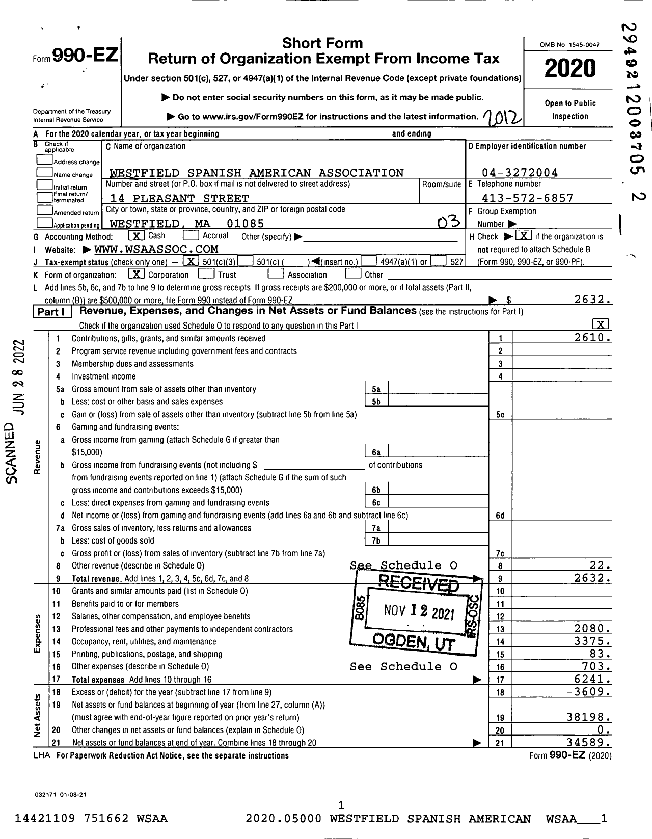 Image of first page of 2020 Form 990EZ for Westfield Spanish American Association