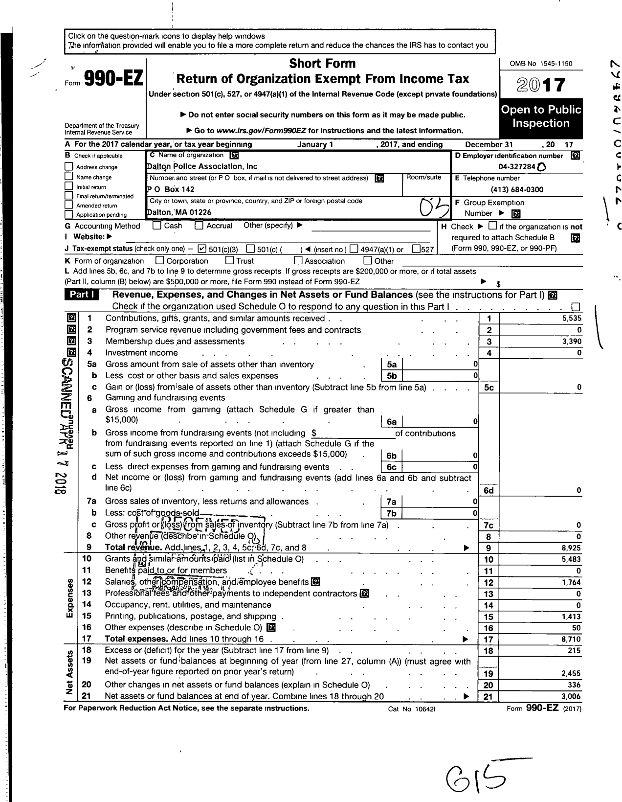 Image of first page of 2017 Form 990EZ for Dalton Police Association