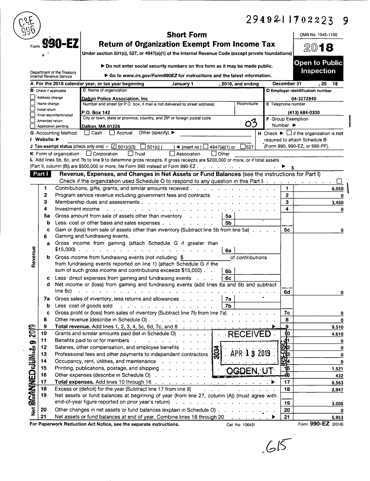 Image of first page of 2018 Form 990EZ for Dalton Police Association