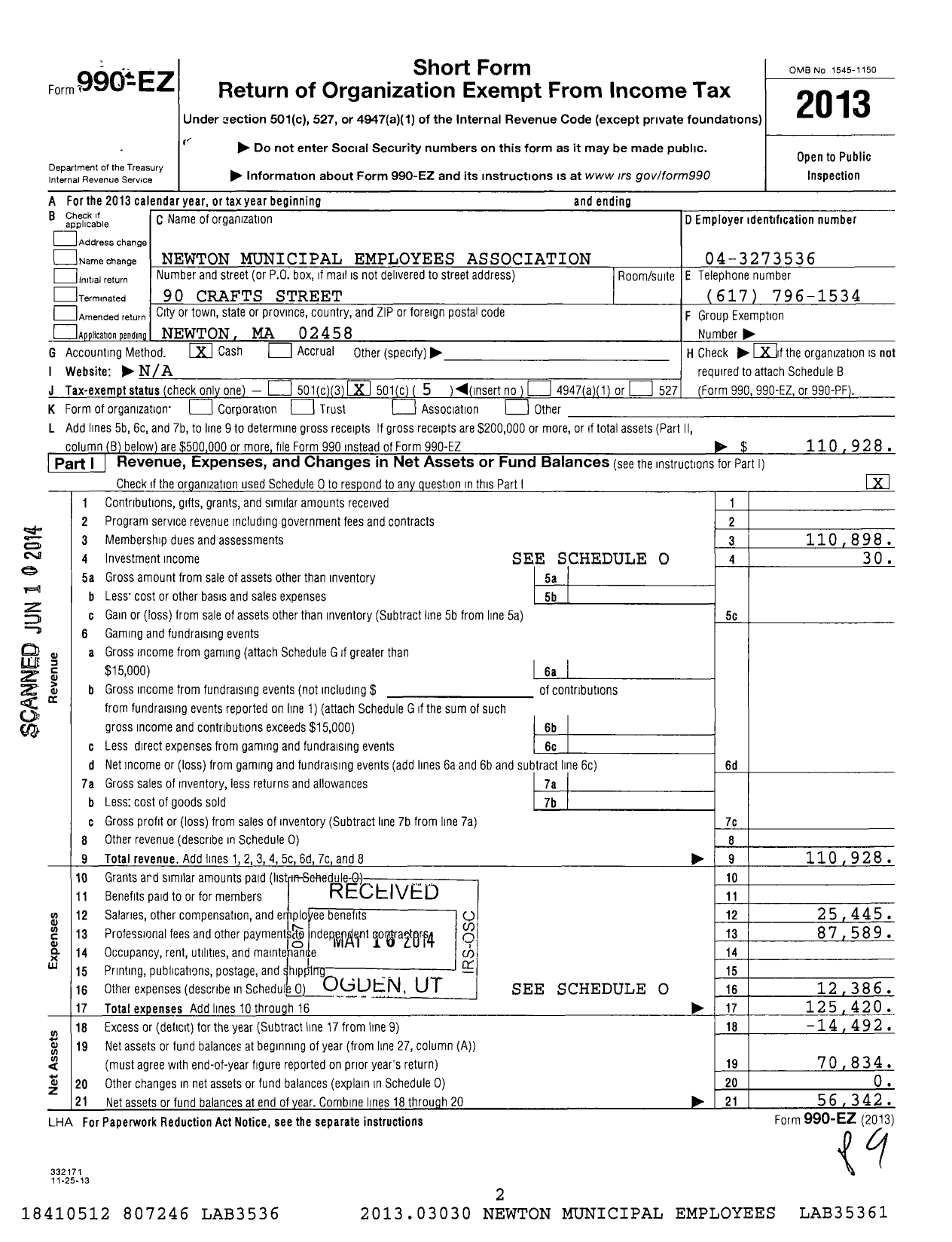 Image of first page of 2013 Form 990EO for Newton Municipal Employees Association