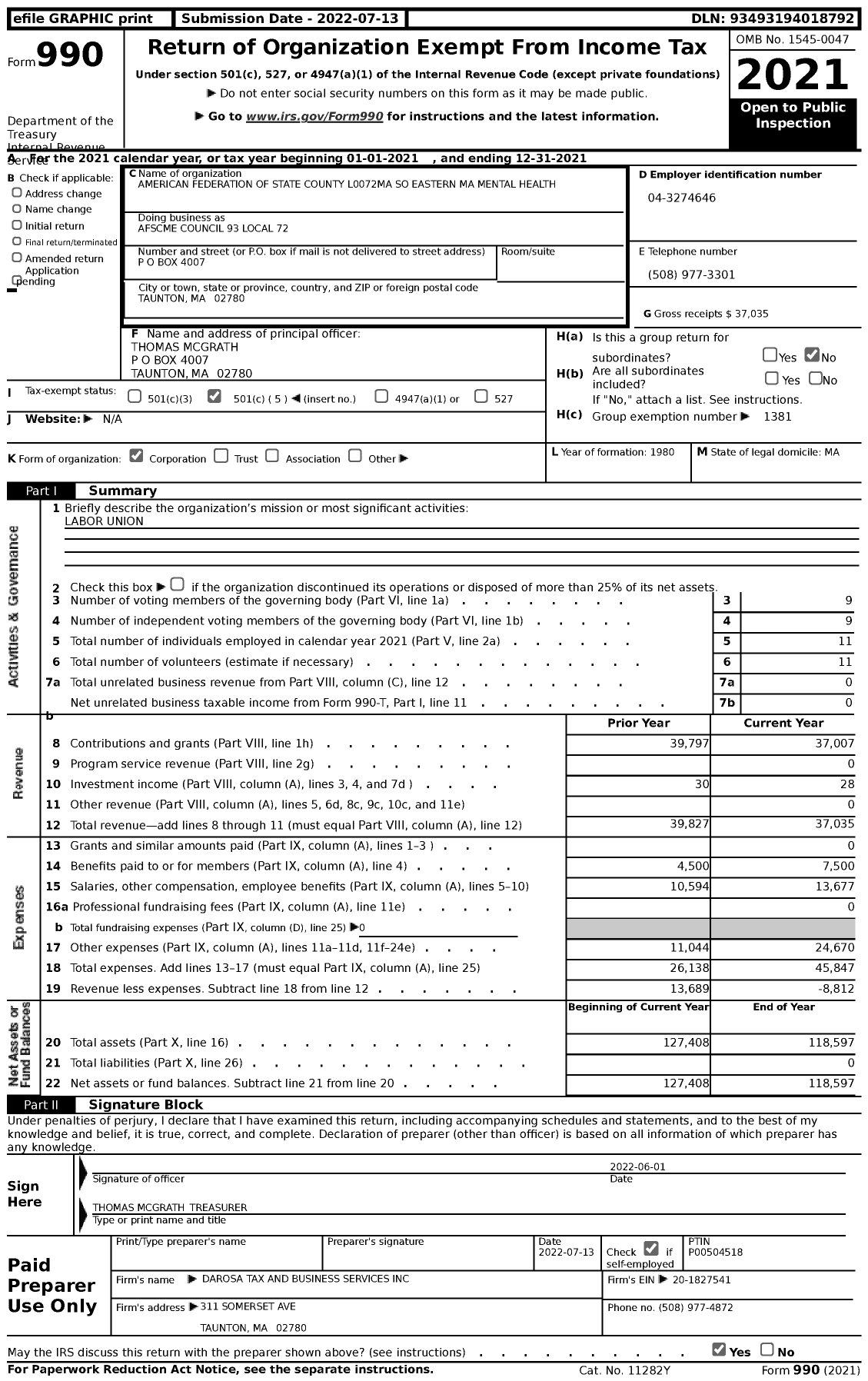 Image of first page of 2021 Form 990 for American Federation of State County & Municipal Employees - AFSCME Council 93 Local 72