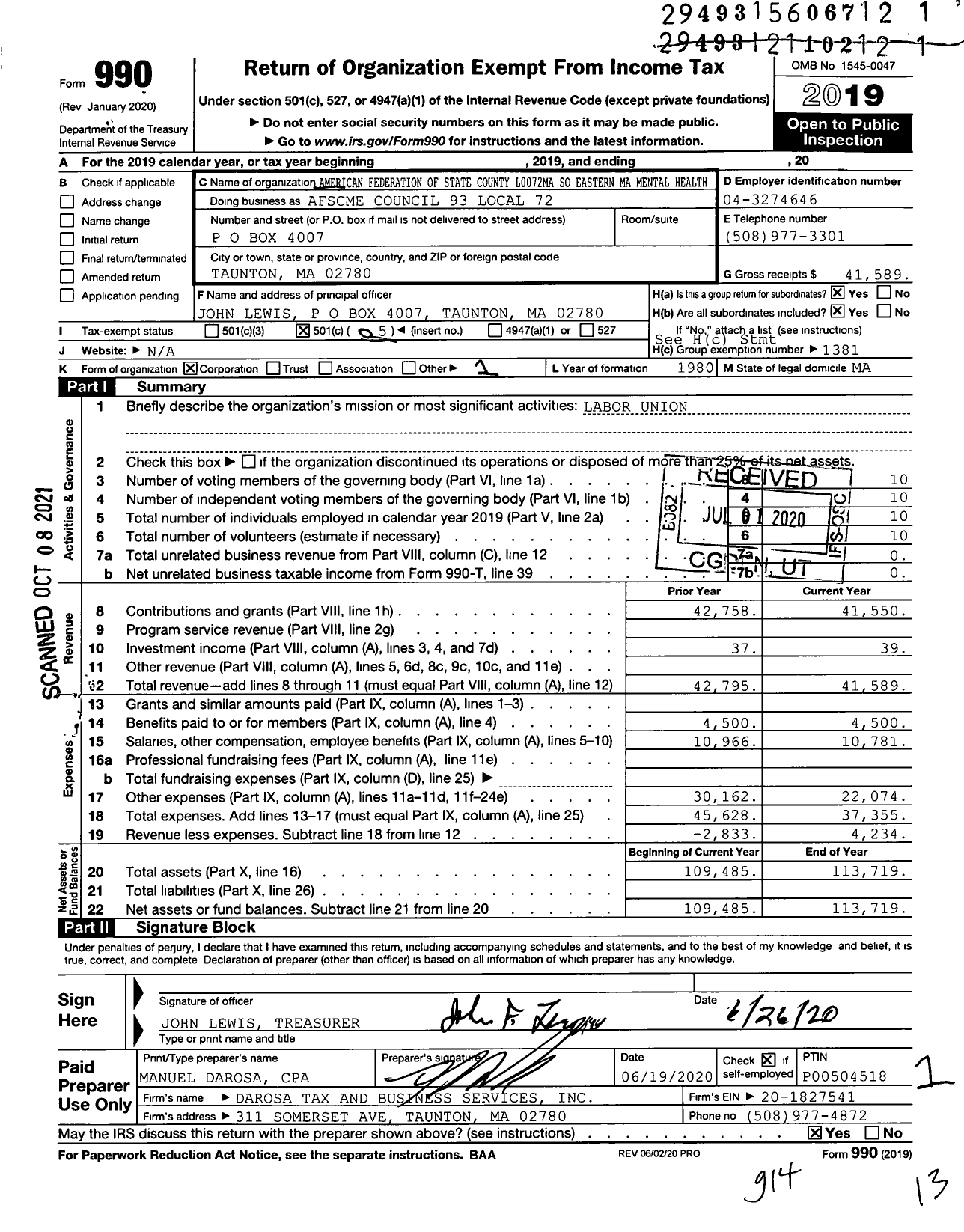 Image of first page of 2019 Form 990O for American Federation of State County & Municipal Employees - AFSCME Council 93 Local 72