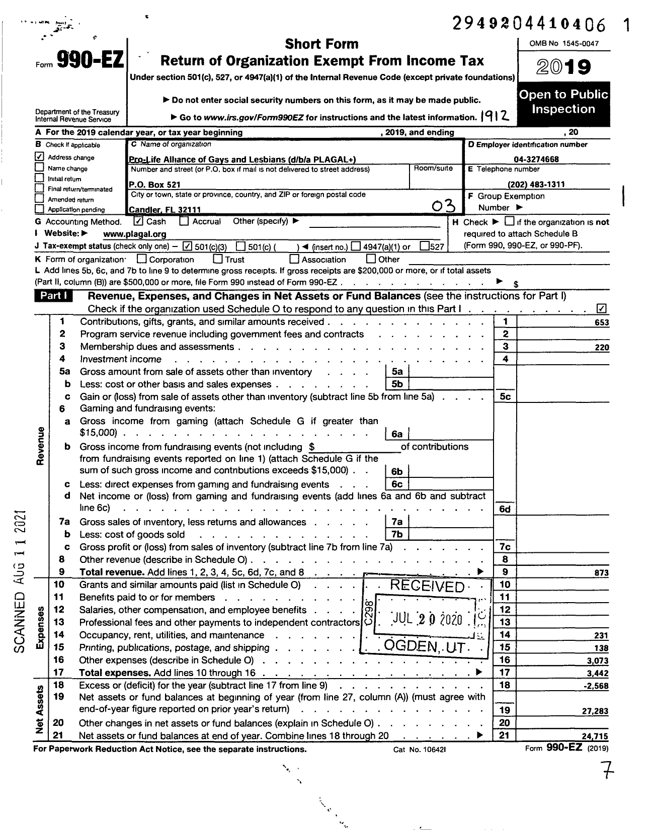 Image of first page of 2019 Form 990EZ for Rainbow Pro-Life Alliance