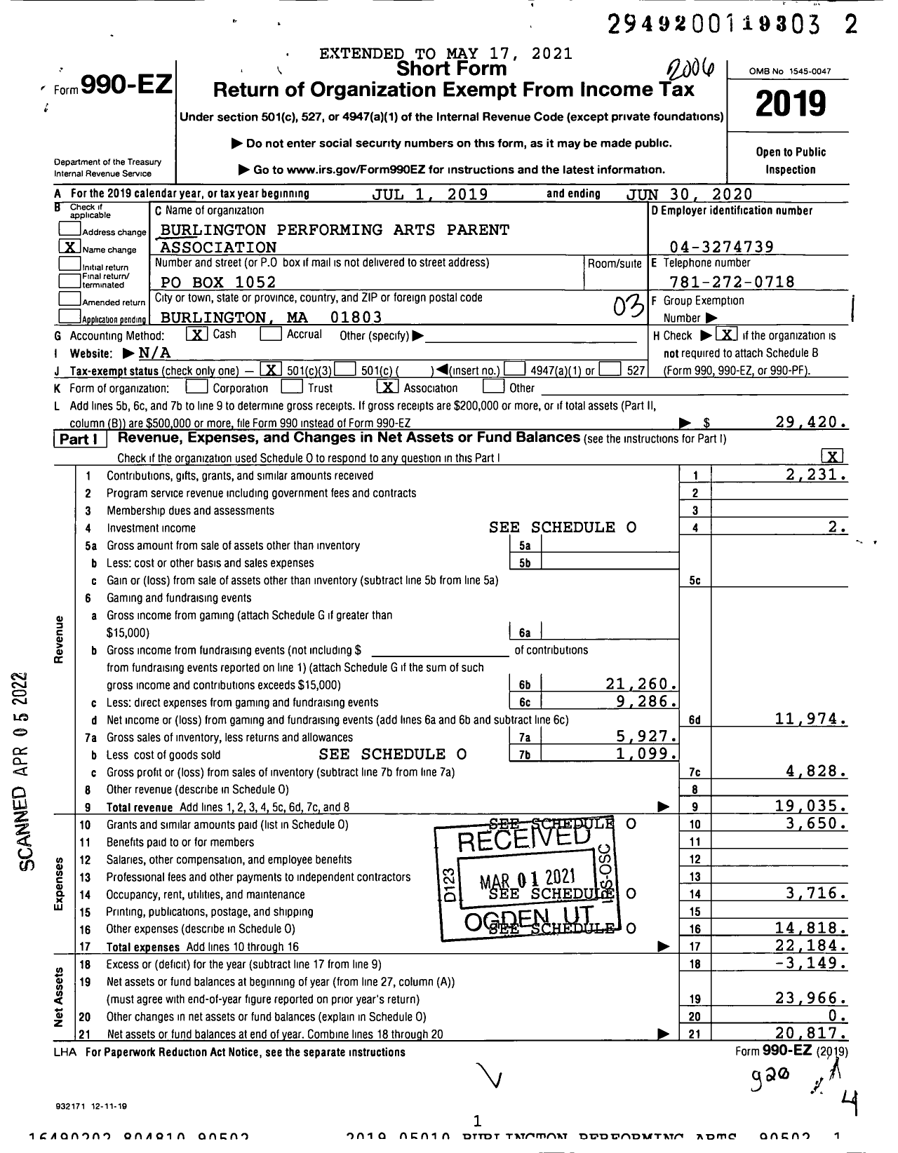 Image of first page of 2019 Form 990EZ for Burlington Performing Arts Parent Association