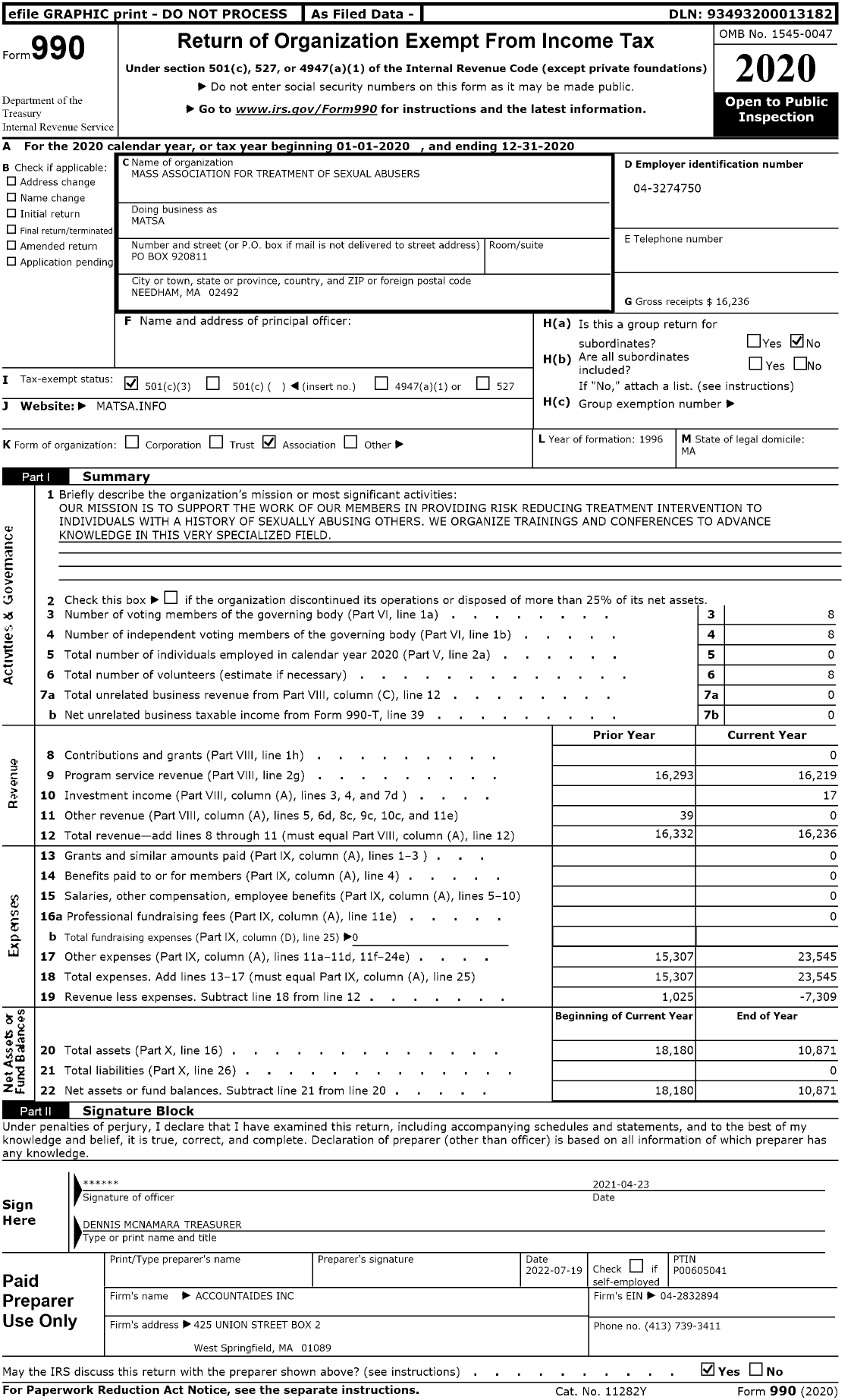 Image of first page of 2020 Form 990 for Massachusetts Associatiion for the Treatment of Sexual Abusers (MATSA)