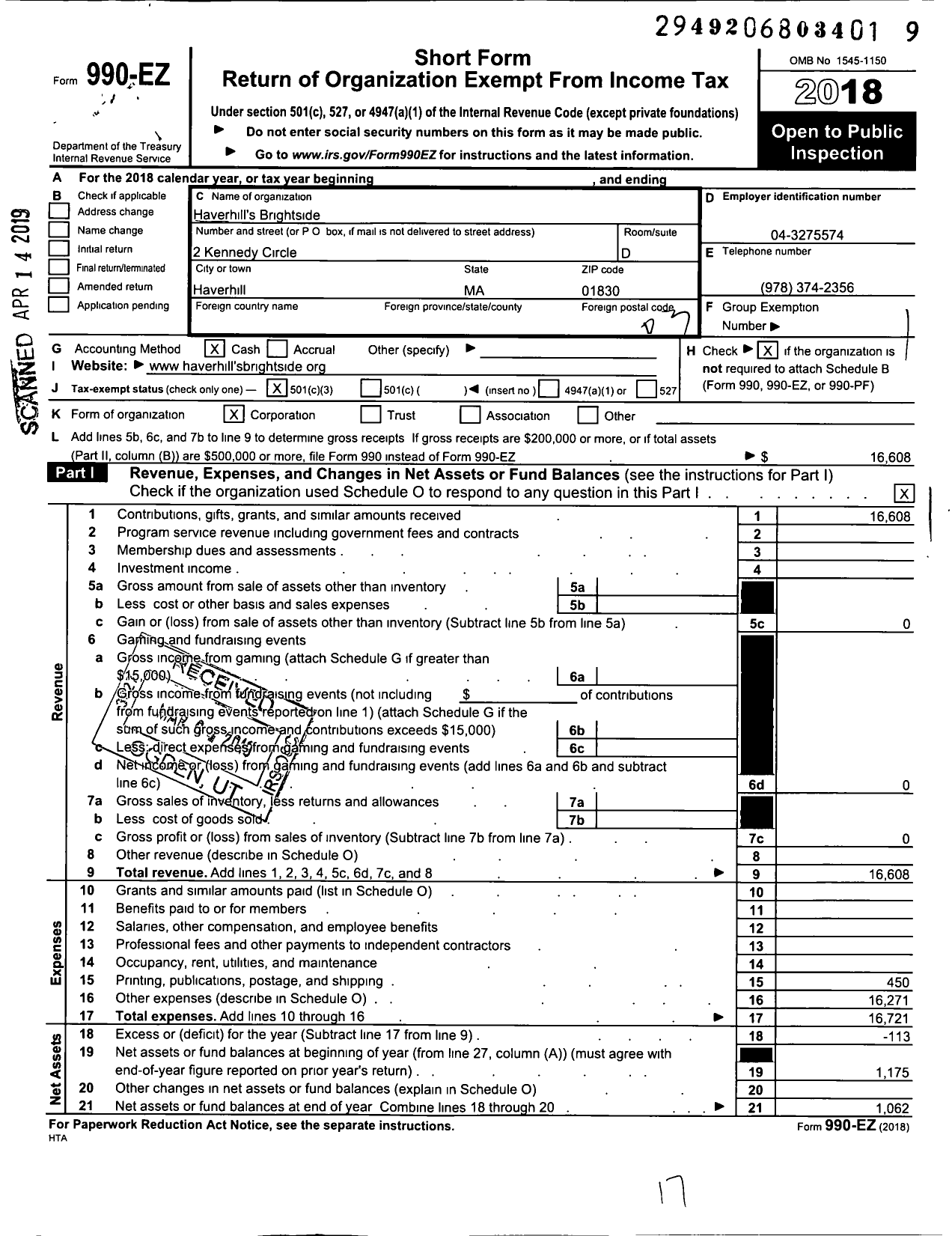 Image of first page of 2018 Form 990EZ for Haverhills Brightside