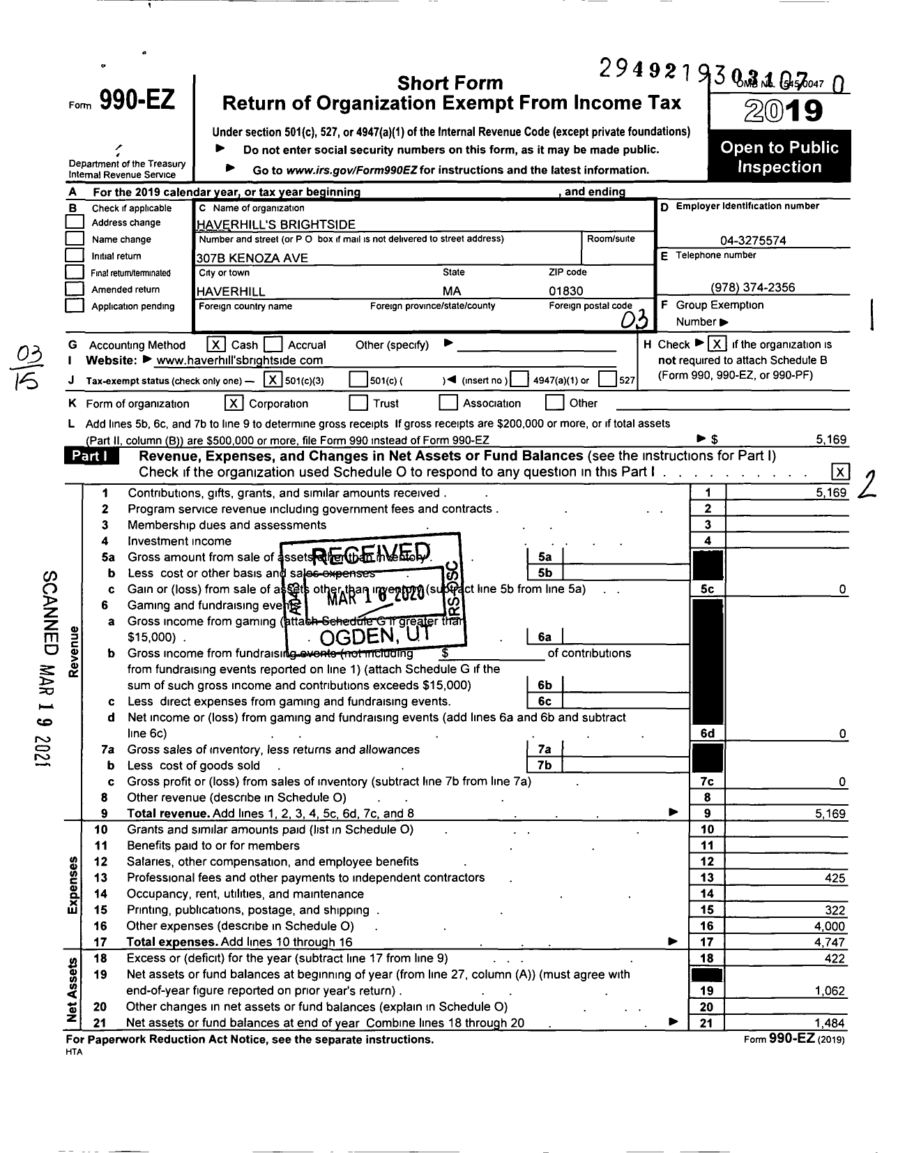 Image of first page of 2019 Form 990EZ for Haverhills Brightside