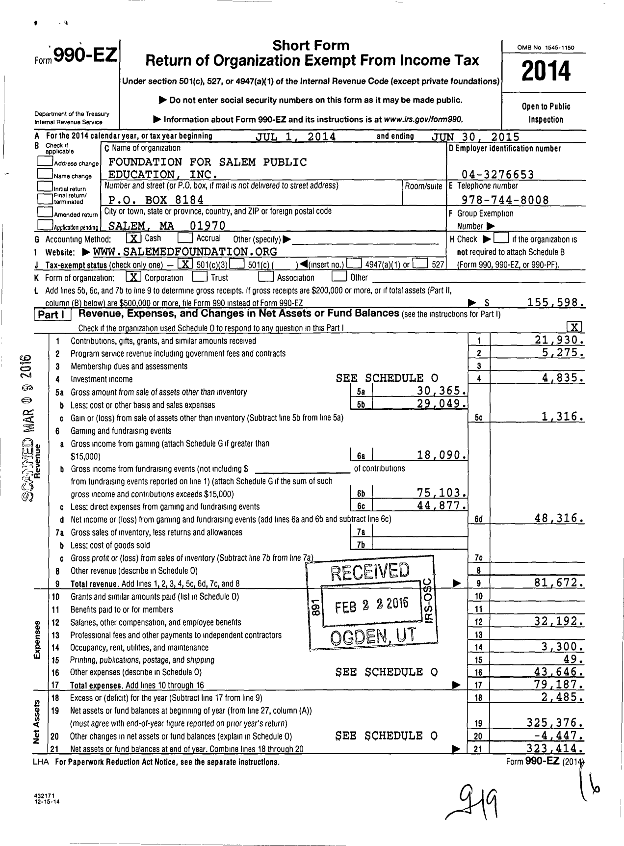 Image of first page of 2014 Form 990EZ for Foundation for Salem Public Education on