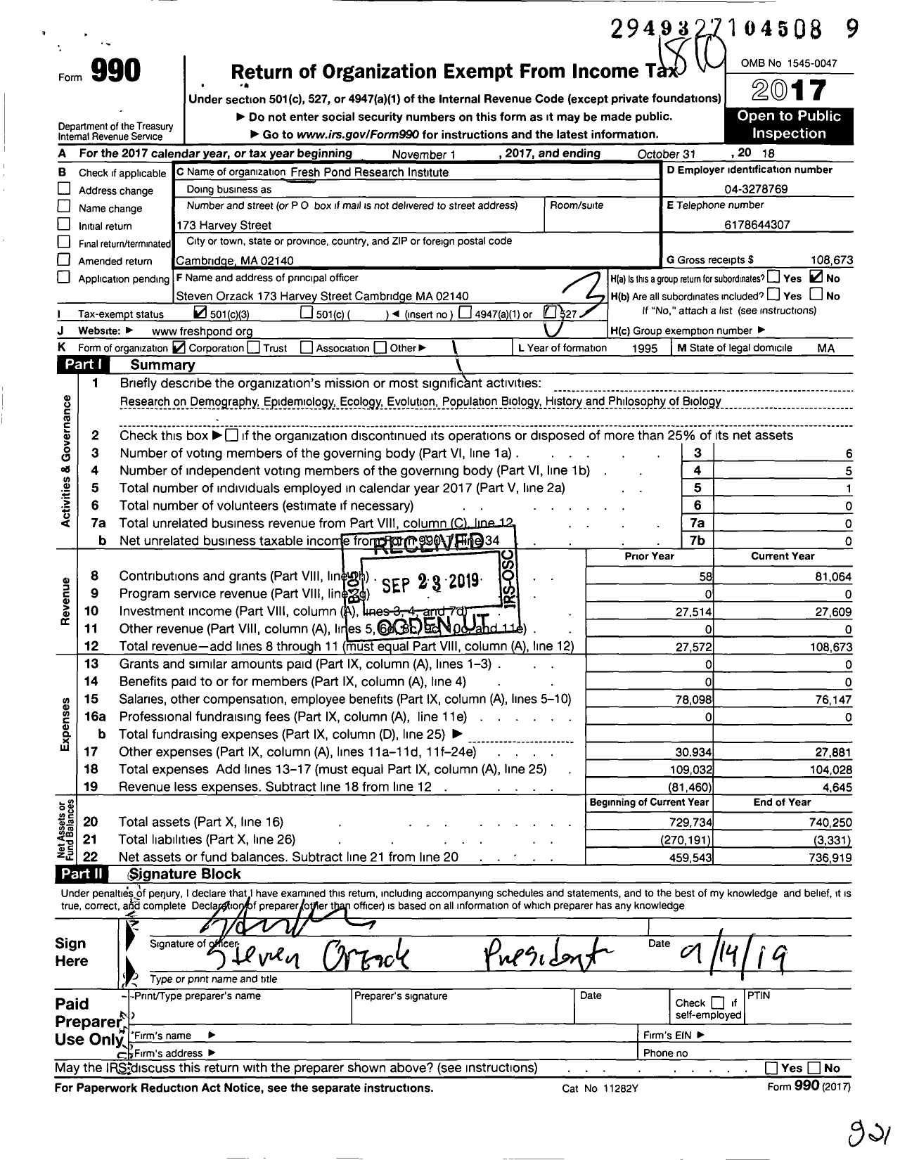 Image of first page of 2017 Form 990 for Fresh Pond Research Institute