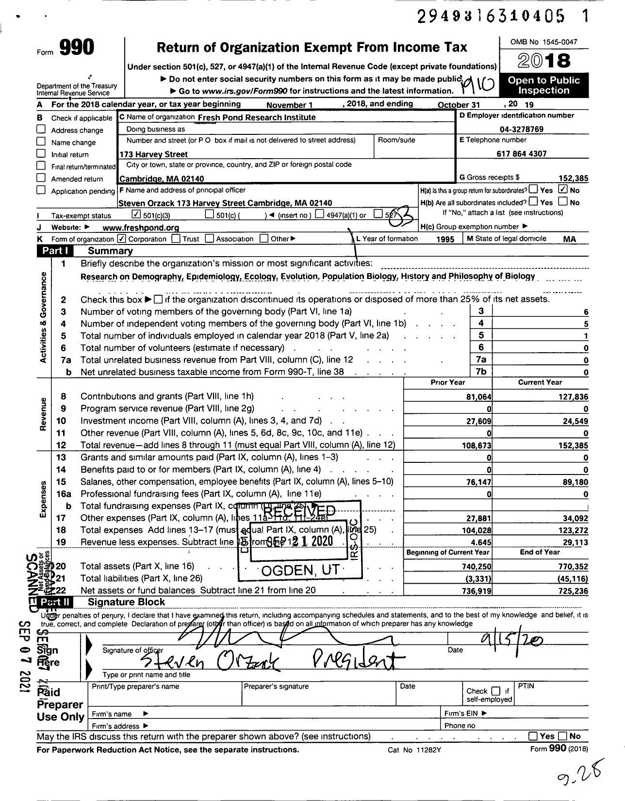 Image of first page of 2018 Form 990 for Fresh Pond Research Institute