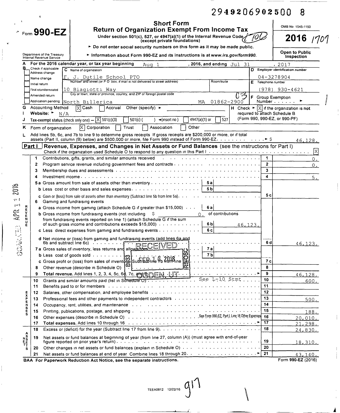 Image of first page of 2016 Form 990EZ for F J Dutile School PTO