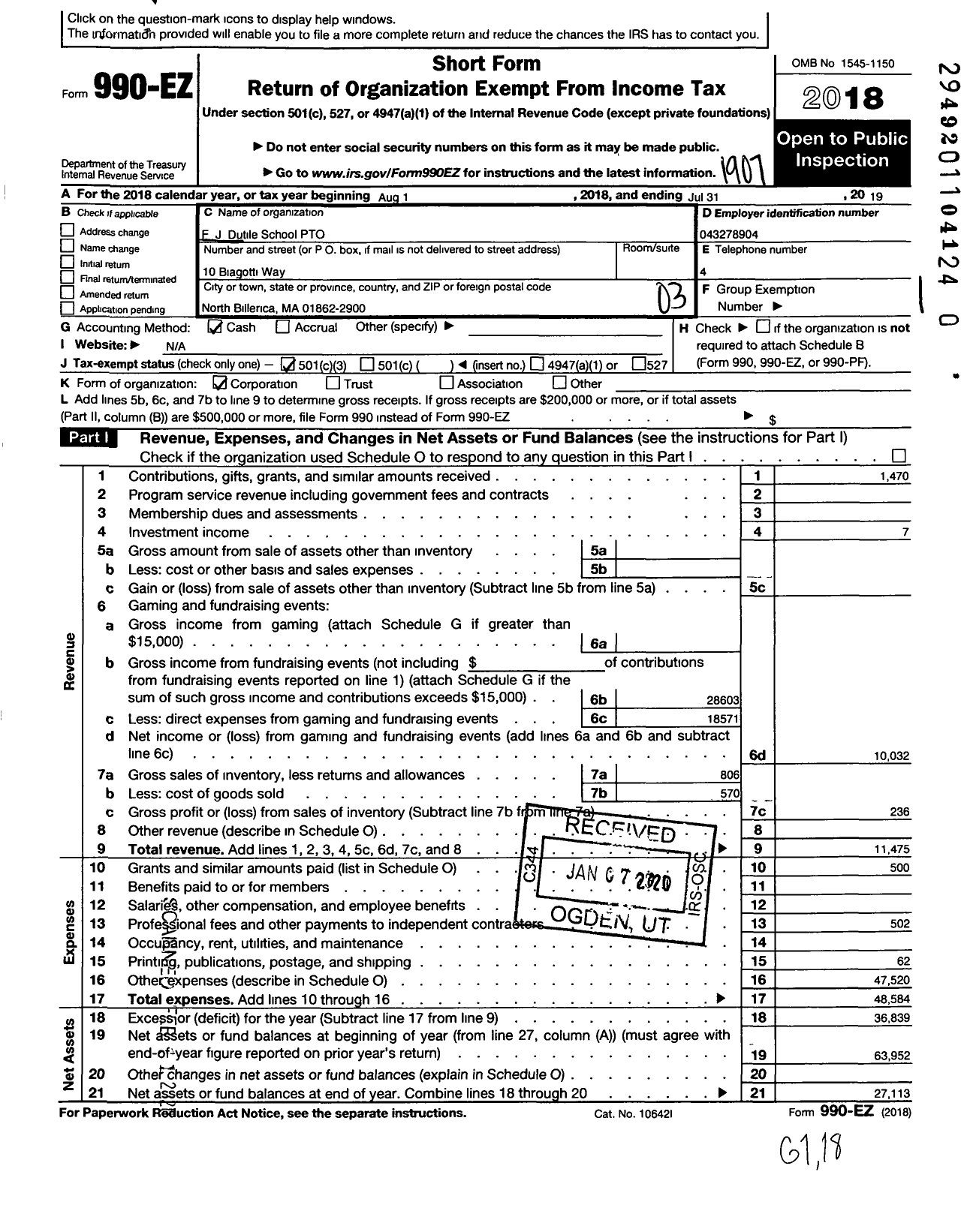 Image of first page of 2018 Form 990EZ for F J Dutile School PTO