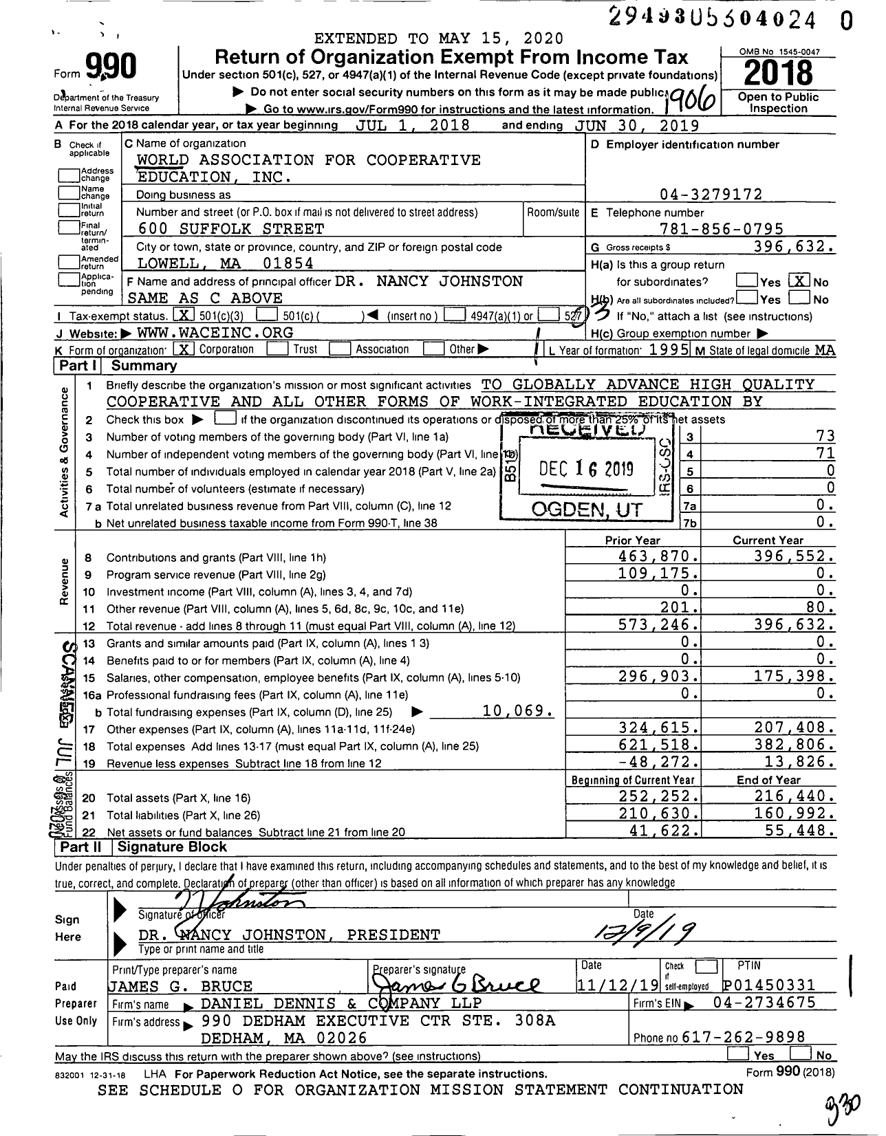 Image of first page of 2018 Form 990 for World Association for Cooperative Education (WACE)