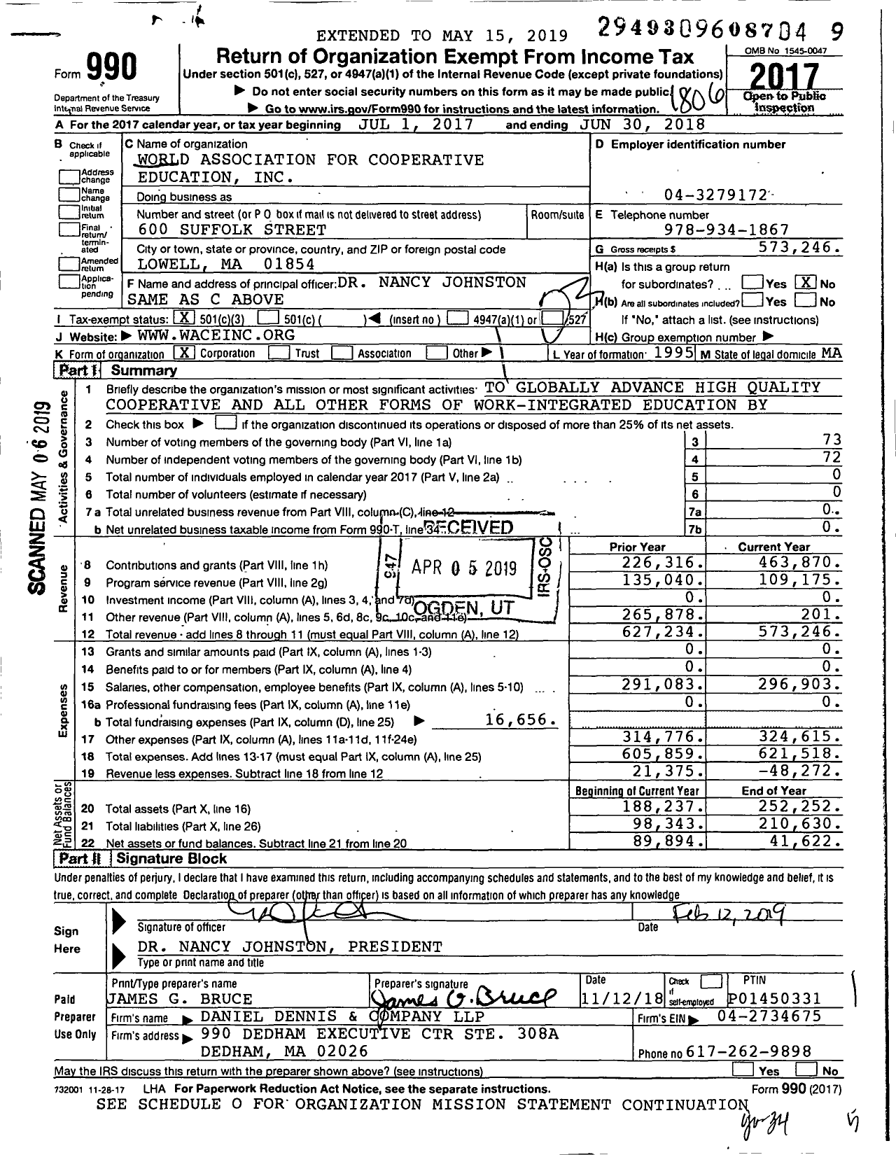 Image of first page of 2017 Form 990 for World Association for Cooperative Education (WACE)