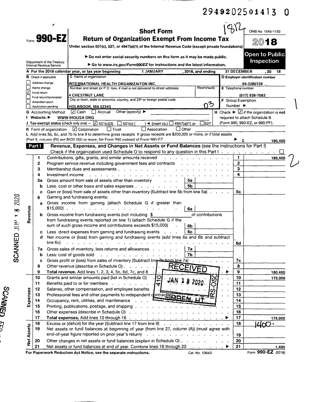 Image of first page of 2018 Form 990EZ for International Health Organization