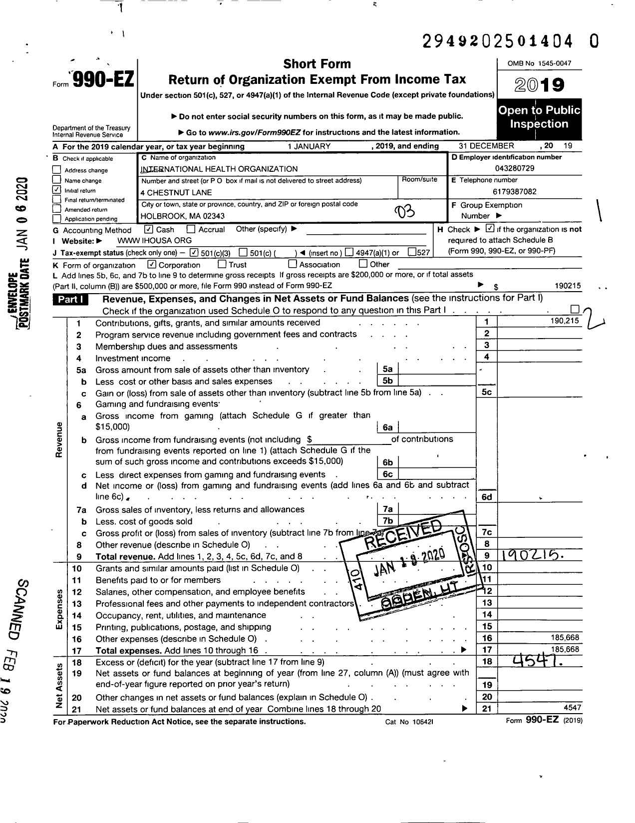 Image of first page of 2019 Form 990EZ for International Health Organization