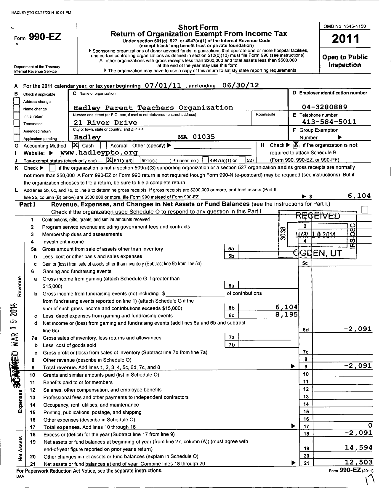 Image of first page of 2011 Form 990EZ for Hadley Parent Teacher Organization