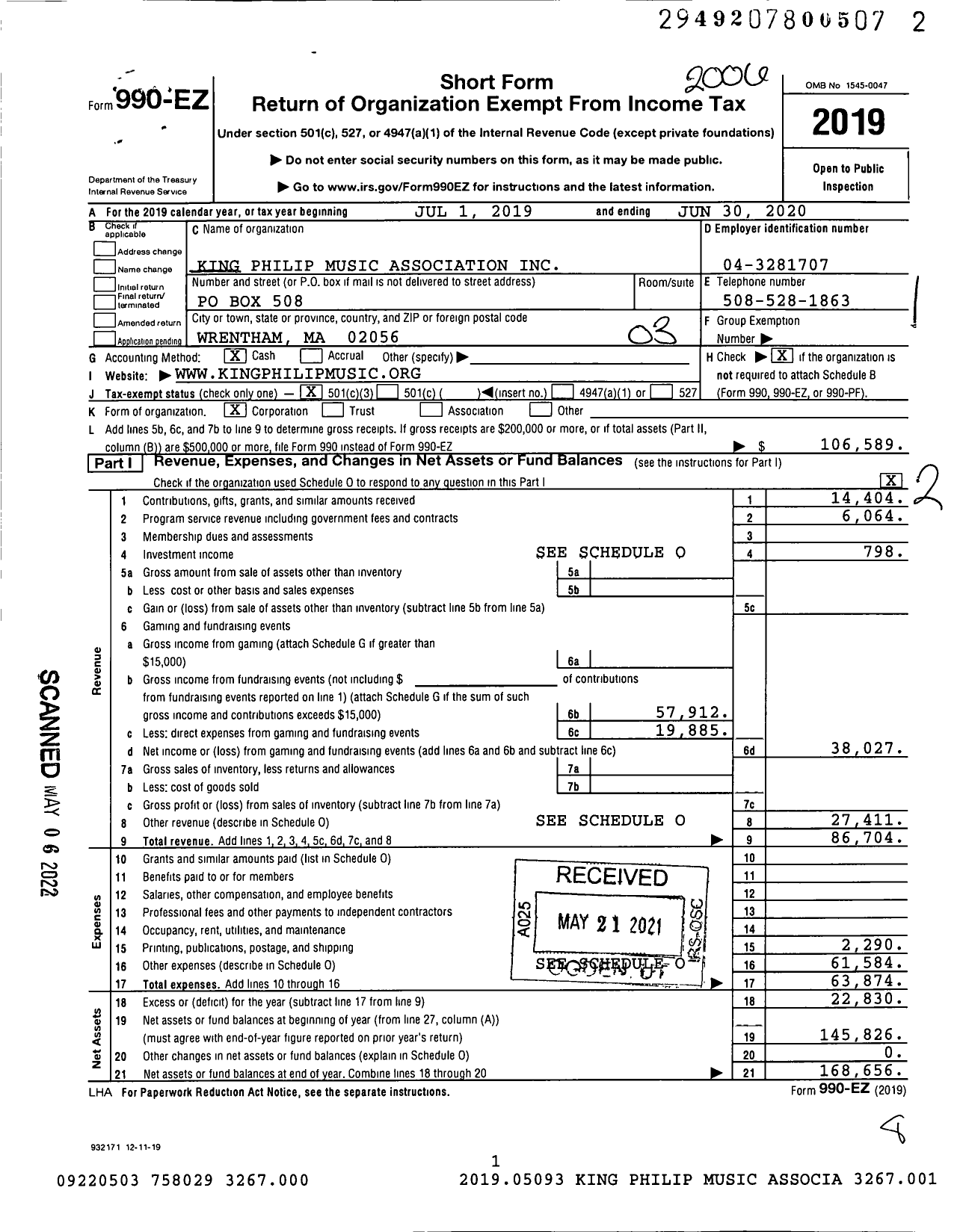 Image of first page of 2019 Form 990EZ for King Philip Music Association