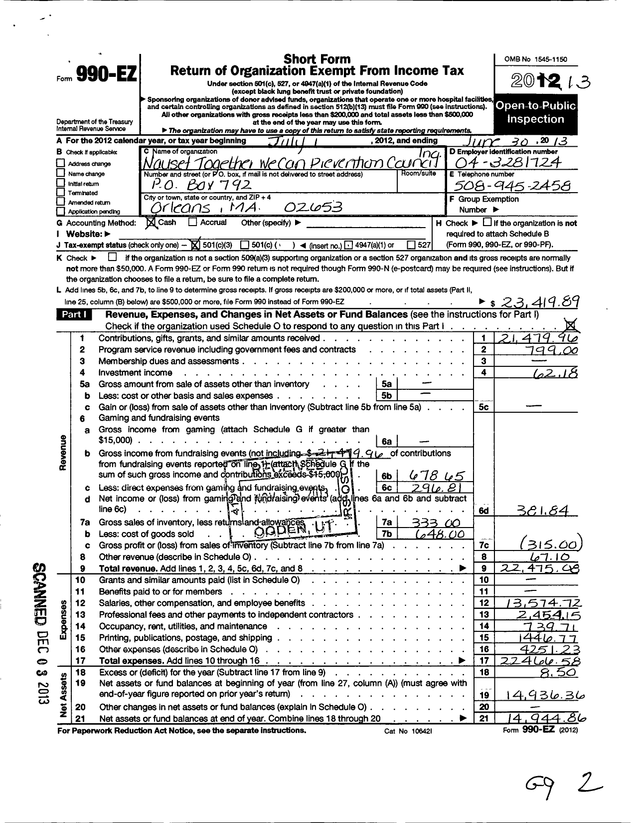 Image of first page of 2012 Form 990EZ for Nauset Together We Can Prevention Council