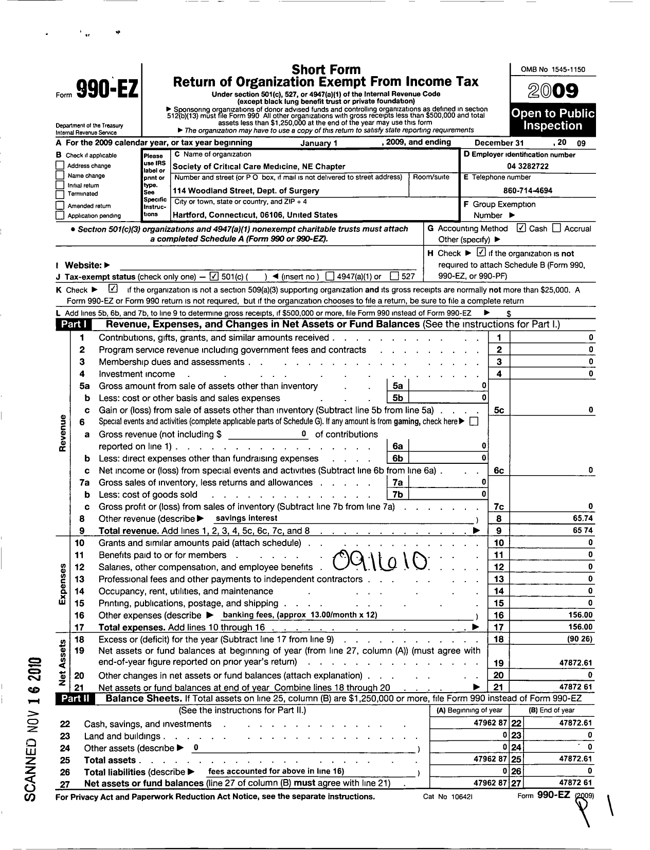 Image of first page of 2009 Form 990EO for Society of Critical Care Medicine / Northeast Chapter