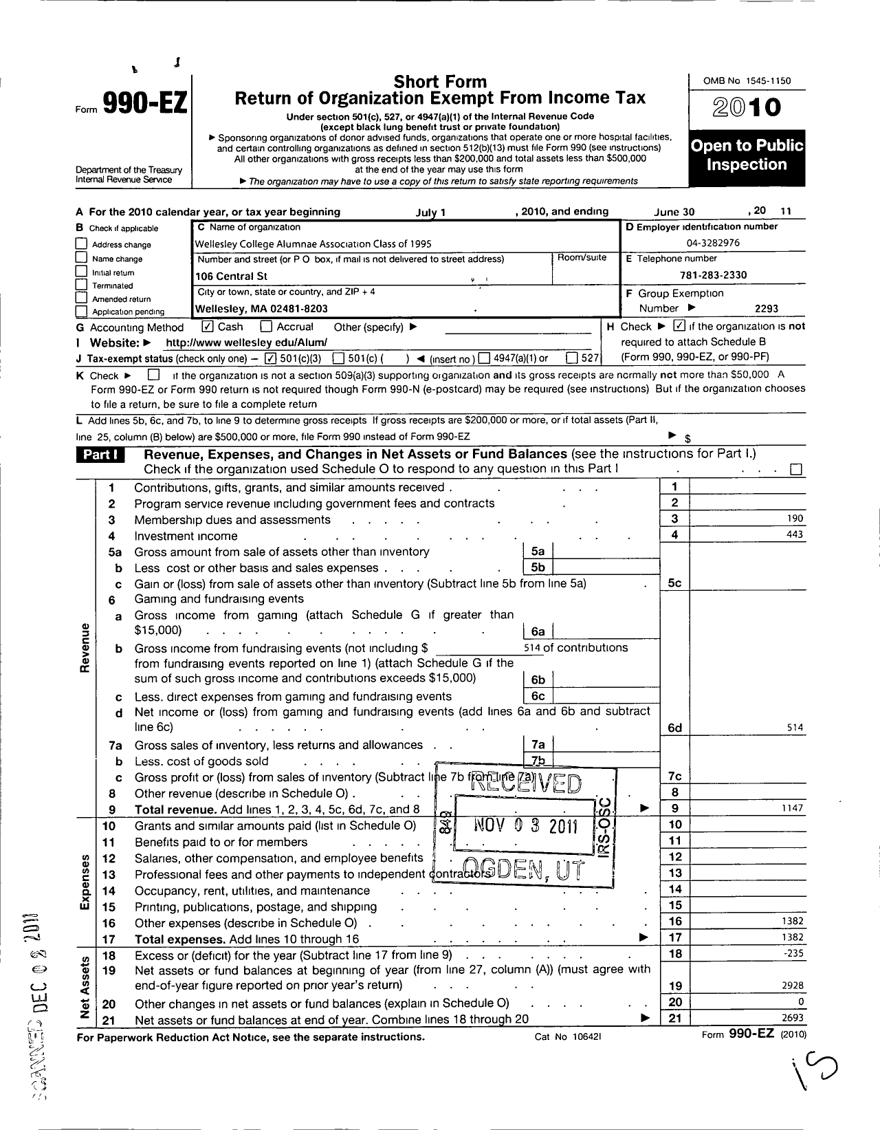 Image of first page of 2010 Form 990EZ for Wellesley College Alumnae Association - 1995 Class