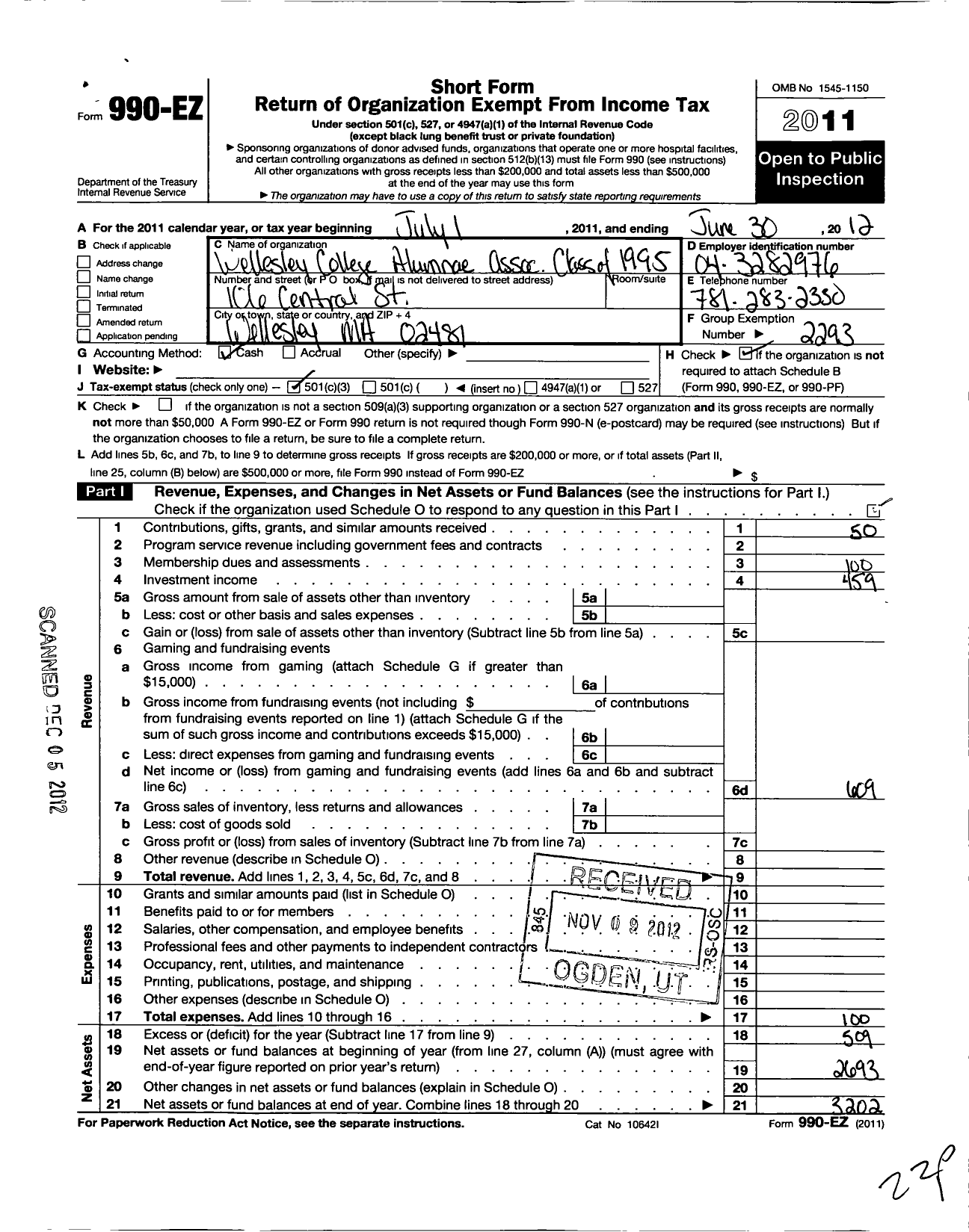 Image of first page of 2011 Form 990EZ for Wellesley College Alumnae Association - 1995 Class