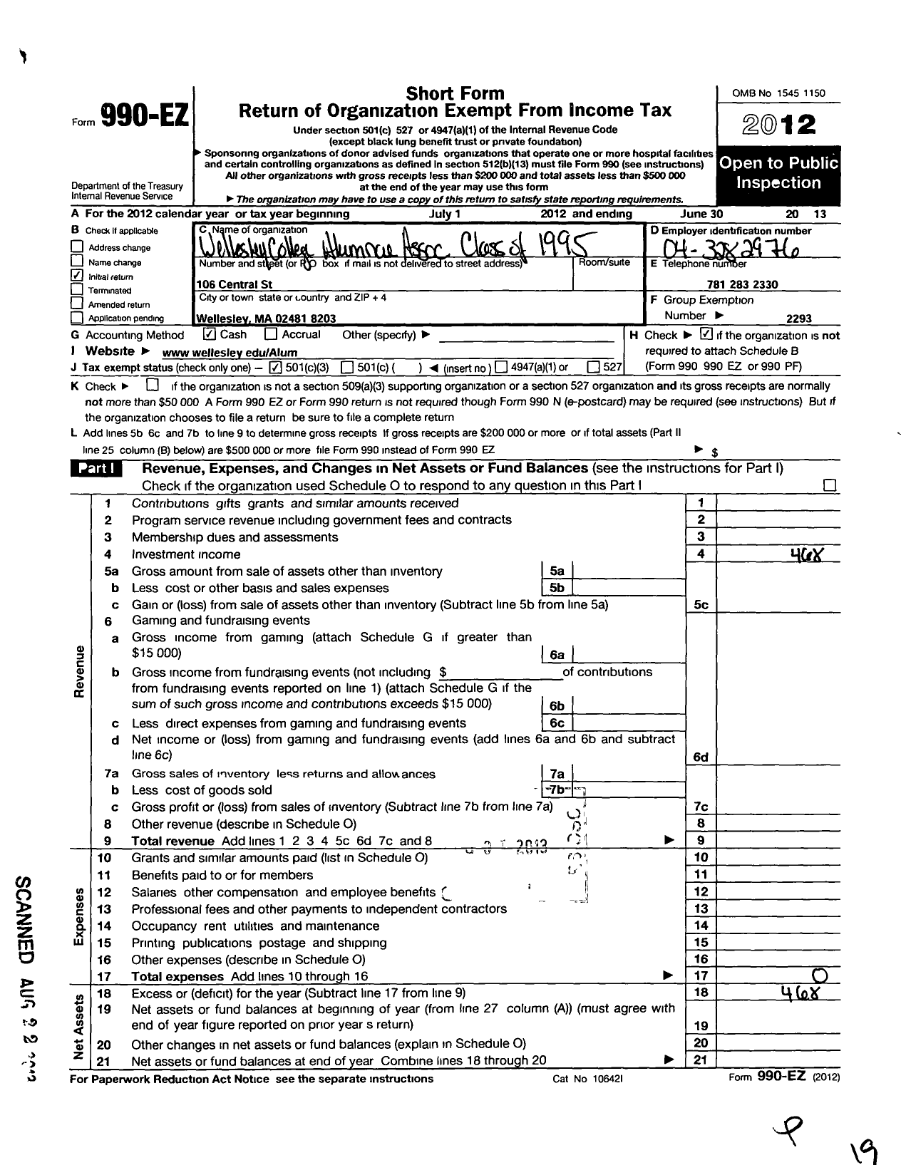 Image of first page of 2012 Form 990EZ for Wellesley College Alumnae Association - 1995 Class